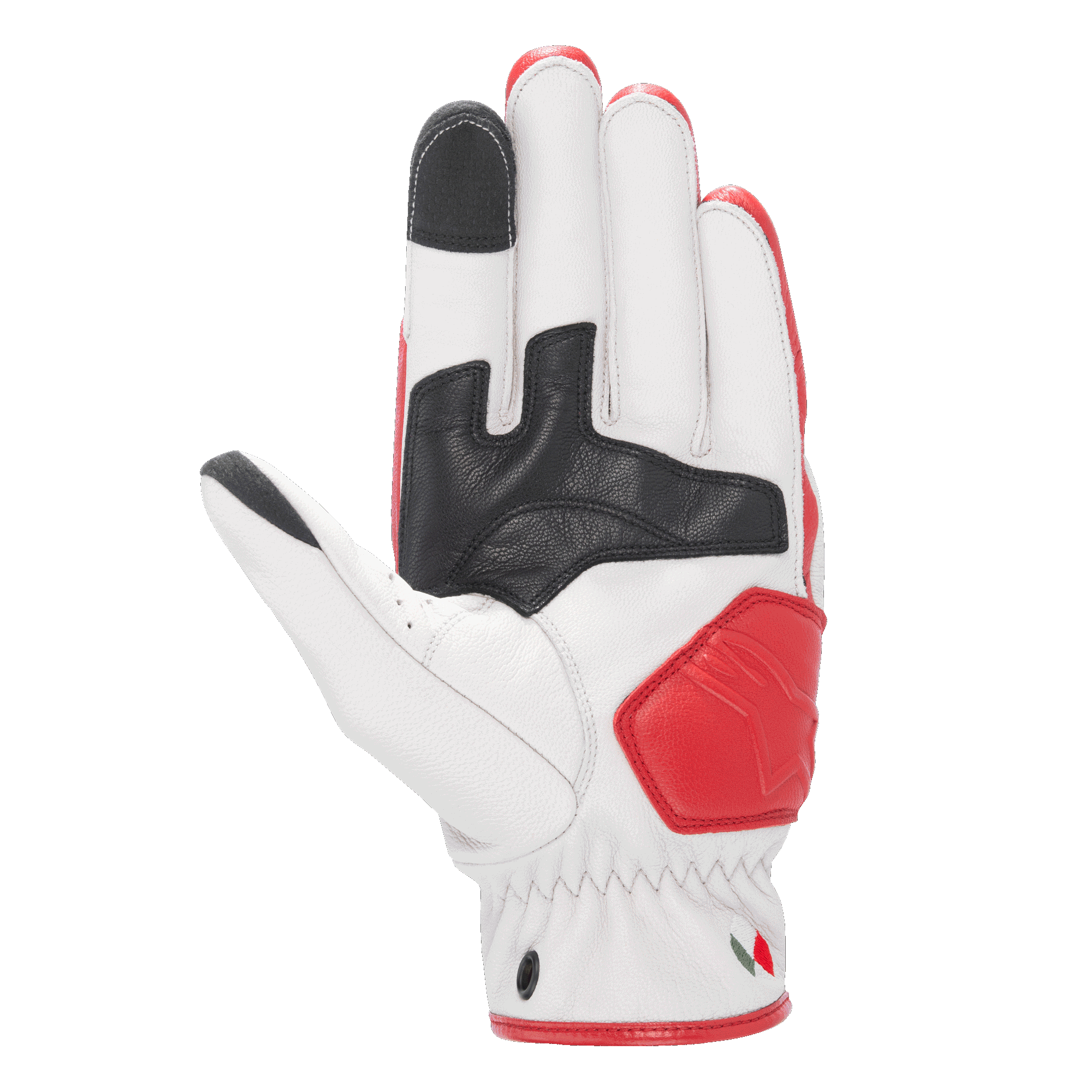 Gants en Cuir Dyno Alpinestars, gants de moto en cuir, écru et rouge rubis, vue de la paume avec renforts en cuir noir, zone d'atterrissage rembourrée rouge, extrémités de l'index et du pouce compatibles avec les écrans tactiles, construction durable en cuir de chèvre pour la conduite urbaine.