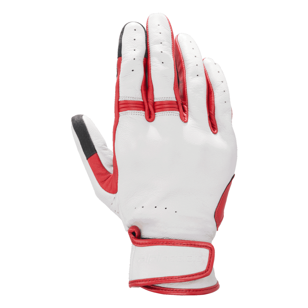 Alpinestars Dyno Leather Gloves, gants de moto, écru et rouge rubis, construction en cuir perforé, panneaux en accordéon sur les doigts, sangle de poignet ajustable, protection des articulations couverte