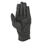 Alpinestars Stella Vika V2 Damen-Handschuhe, schwarze Leder-Motorradhandschuhe, Innenhandansicht mit verstärkter Polsterung, perforierte Finger für Belüftung, kurzes Manschettendesign