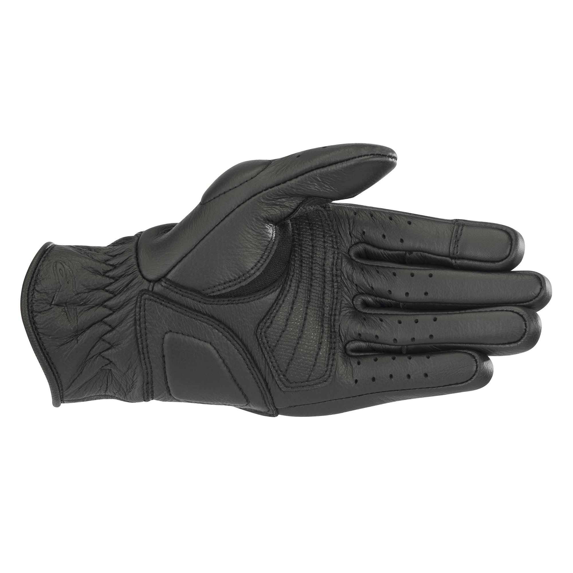 Alpinestars Stella Vika V2 Damen-Handschuhe, schwarze Leder-Motorradhandschuhe, Innenhandansicht mit verstärkter Polsterung, perforierte Finger für Belüftung, kurzes Manschettendesign