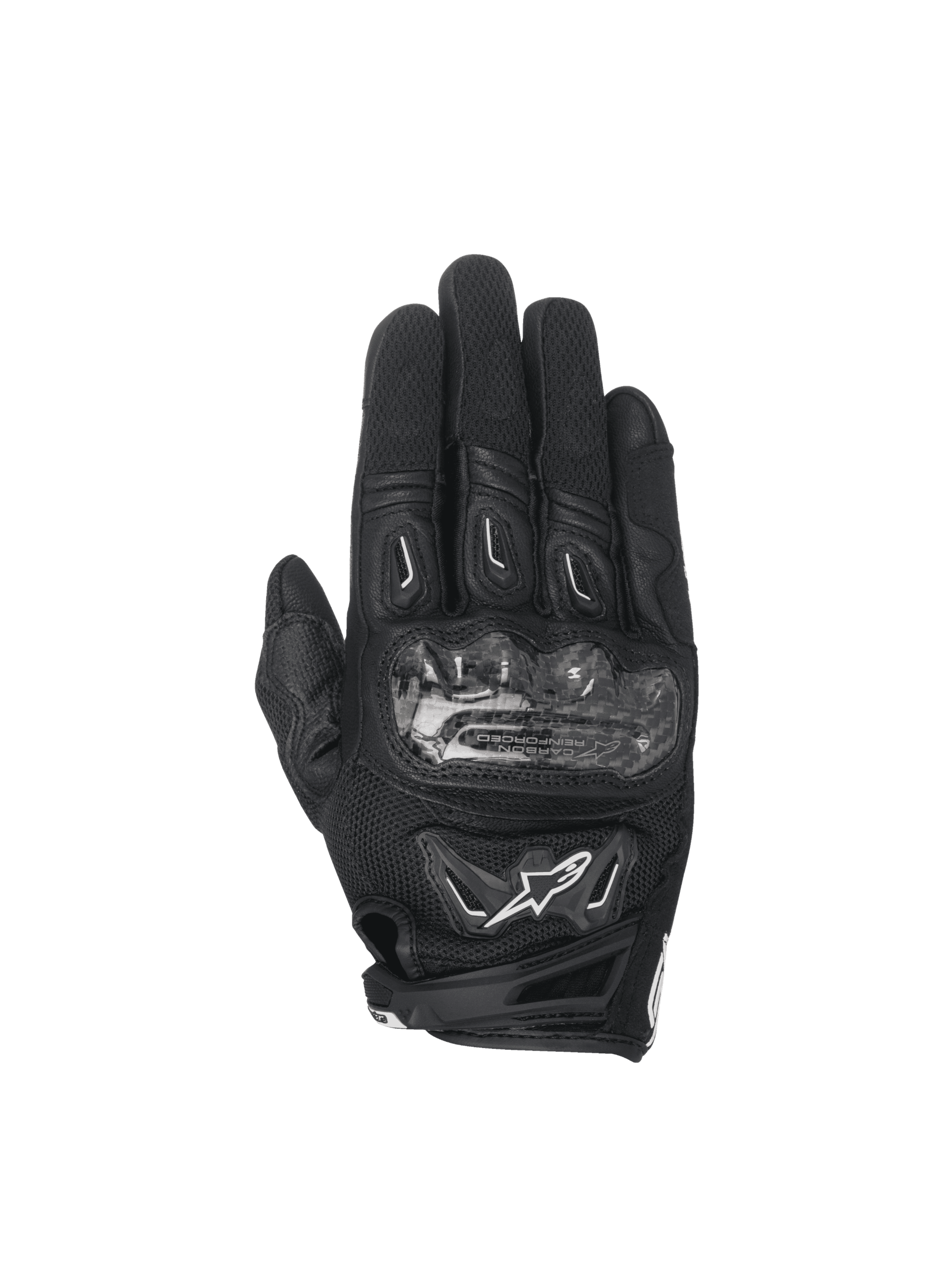 Alpinestars Stella SMX-2 Air Carbon V2 dames-motorhandschoenen, zwart leer en 3D-mesh met carbon knokkelbeschermer.