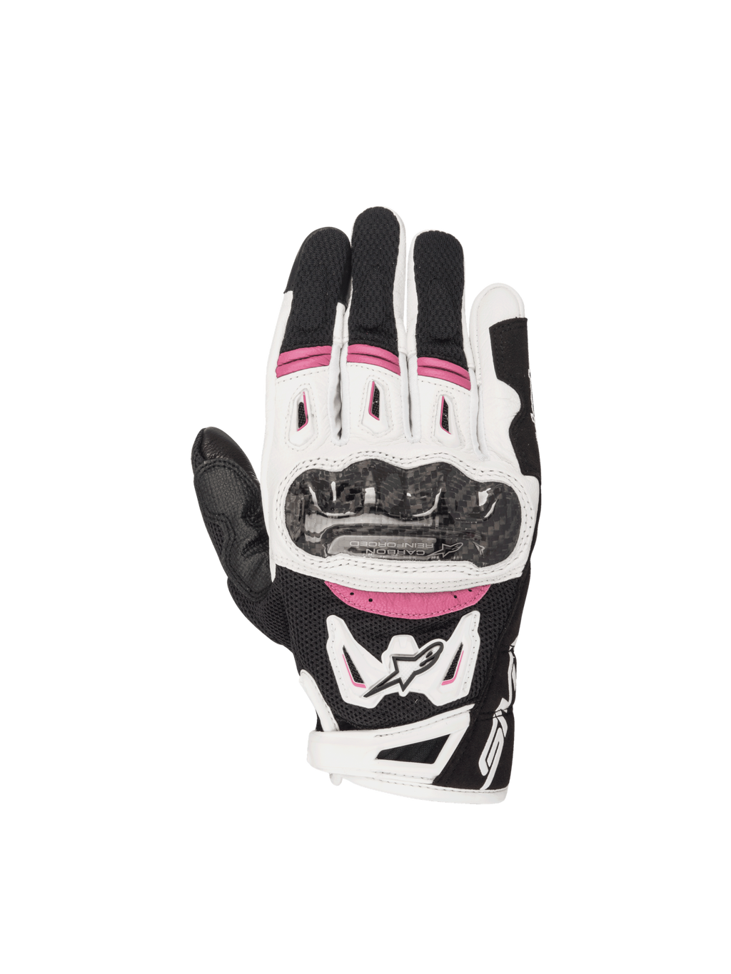Gants Alpinestars Stella SMX-2 Air Carbon V2 pour femme, noirs, blancs et fuchsia, avec protection en carbone.