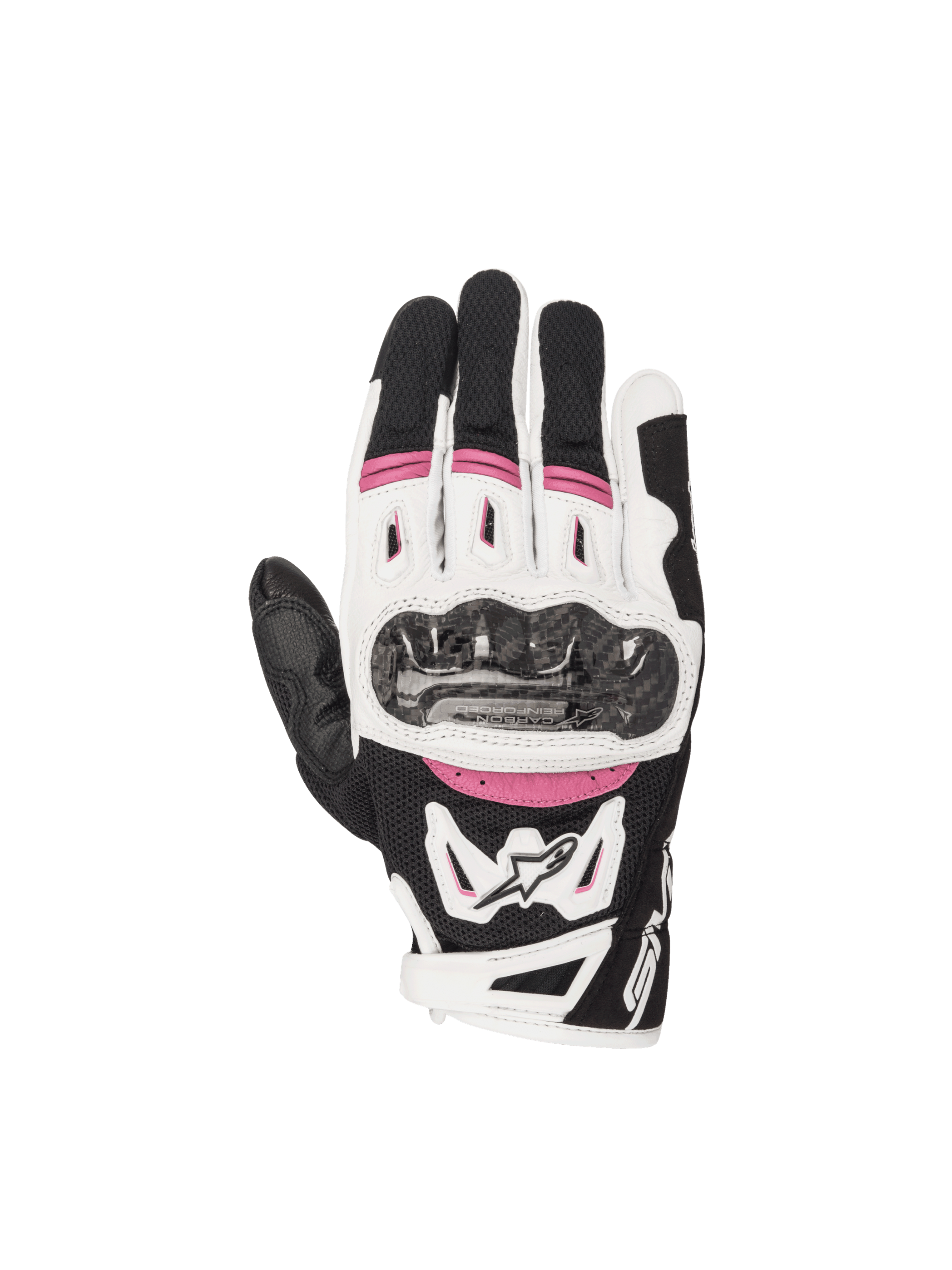 Alpinestars Stella SMX-2 Air Carbon V2 Motorradhandschuhe für Damen, Schwarz, Weiß und Fuchsia, mit Karbon-Knöchelschützern und atmungsaktivem 3D-Mesh, ideal für den Straßeneinsatz.