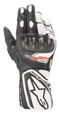 Alpinestars Women Stella SP-8 V3 Gloves, Motorcycle Racing Gloves, Black and White, featuring molded hard knuckle protection, perforated leather panels for breathability, extended gauntlet cuff with large star logo, and red SP-8 graphic
