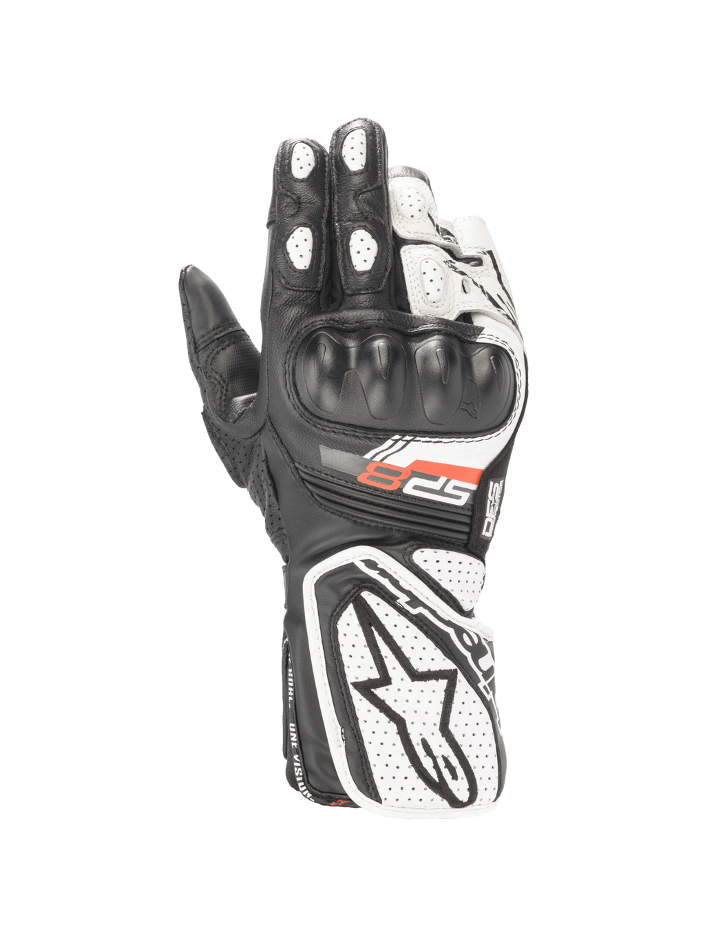 Alpinestars Stella SP-8 V3 motorhandschoenen voor dames, zwart en wit, lederen constructie met harde knokkelbescherming, CE-gecertificeerd.