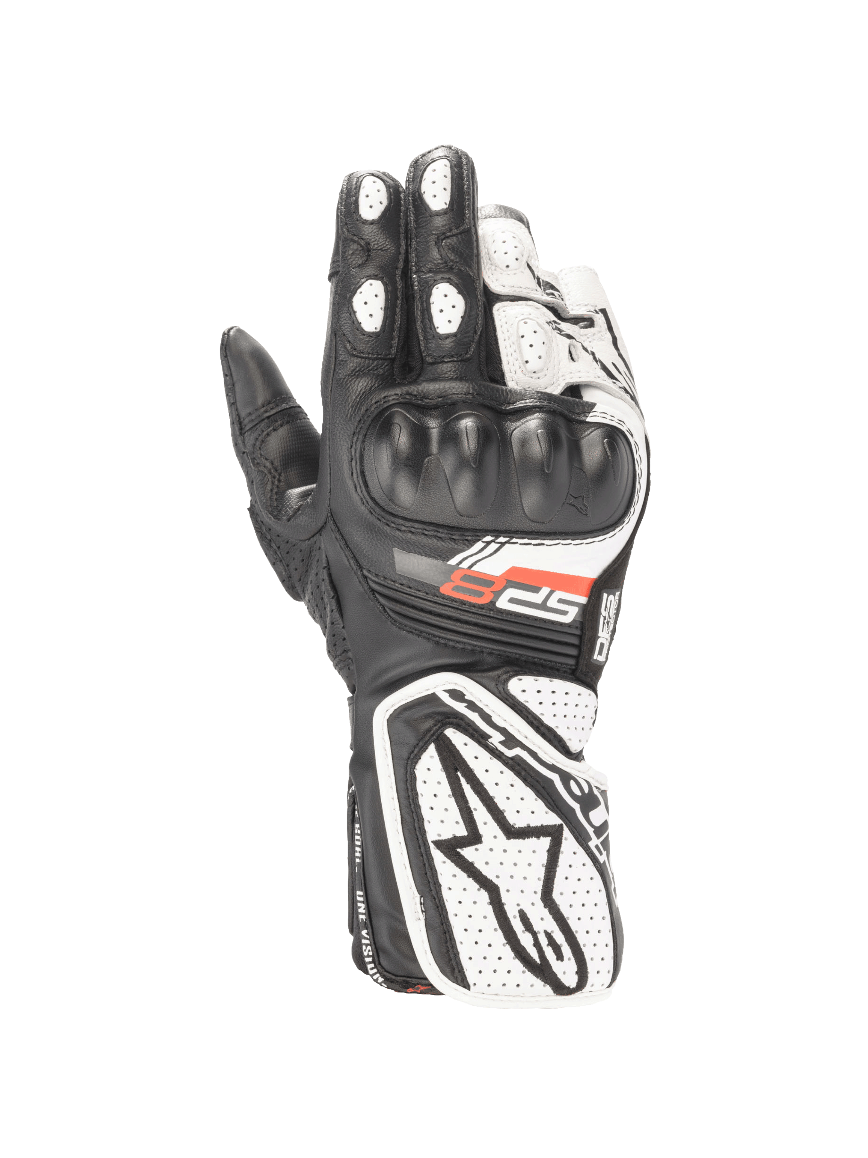 Alpinestars Stella SP-8 V3 motorhandschoenen voor dames, zwart en wit, lederen constructie met harde knokkelbescherming, CE-gecertificeerd.