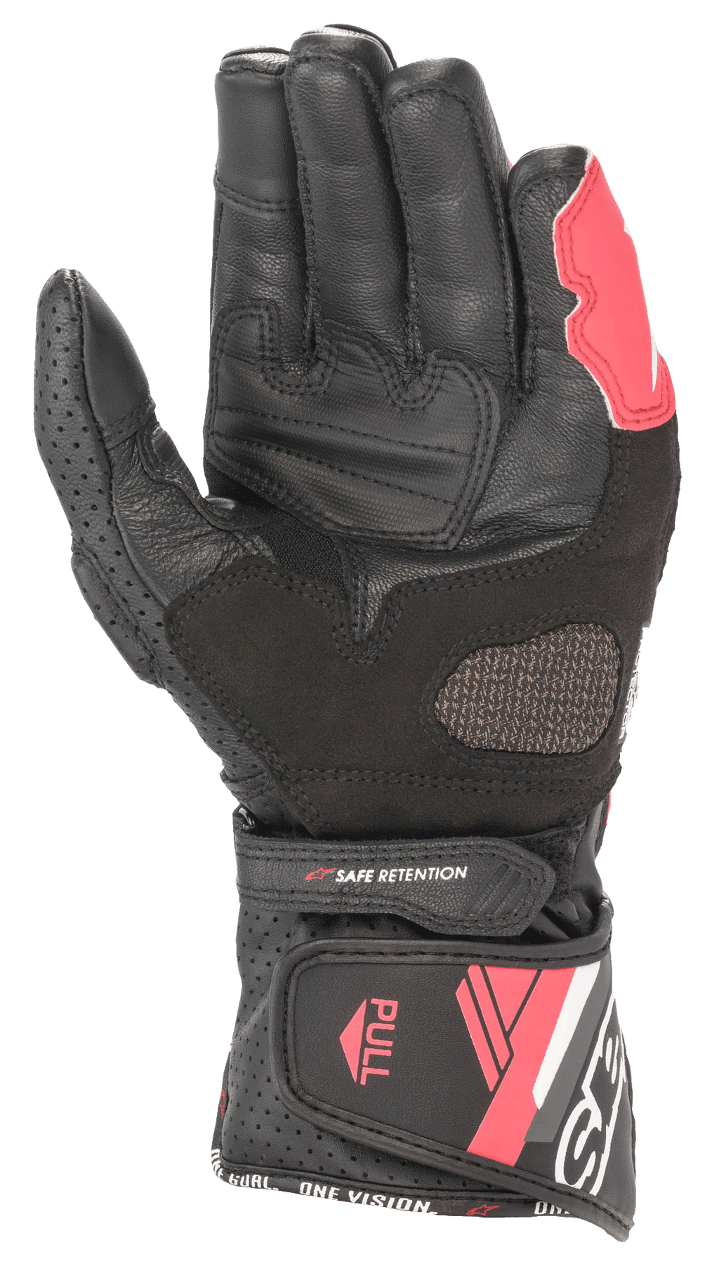 Alpinestars Stella SP-8 V3 Damen-Lederhandschuhe, Schwarz Weiß Diva Pink, Handflächenansicht mit Lederkonstruktion, verstärkten Grip-Zonen, perforierten Einsätzen und verstellbarem Manschettenverschluss.
