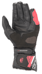Alpinestars Stella SP-8 V3 Damen-Lederhandschuhe, Schwarz Weiß Diva Pink, Handflächenansicht mit Lederkonstruktion, verstärkten Grip-Zonen, perforierten Einsätzen und verstellbarem Manschettenverschluss.