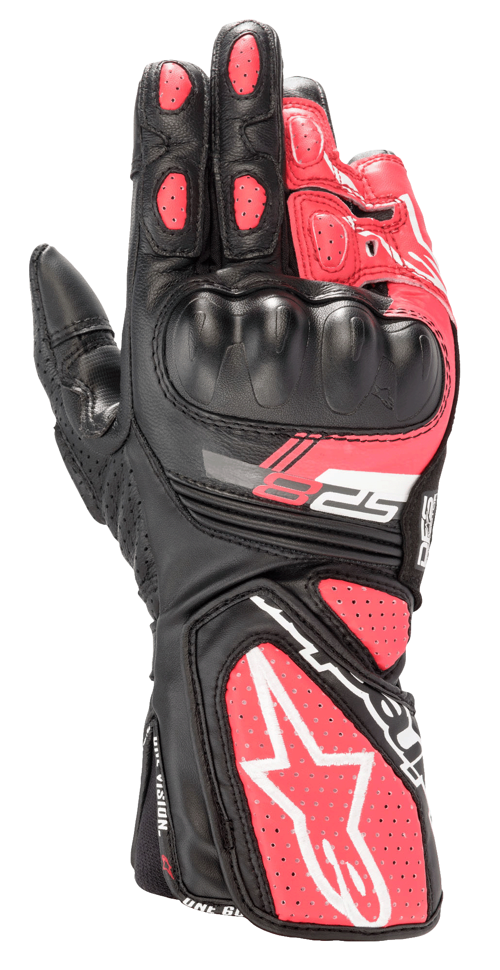 Alpinestars Stella SP-8 V3 Damen-Handschuhe, Motorrad-Sporthandschuhe, Schwarz, Weiß und Diva Pink, mit geformtem Hartschalen-Knöchelschutz, perforierten pinkfarbenen Lederbahnen, langer Manschette mit großem weißen Stern-Logo und SP-8-Branding