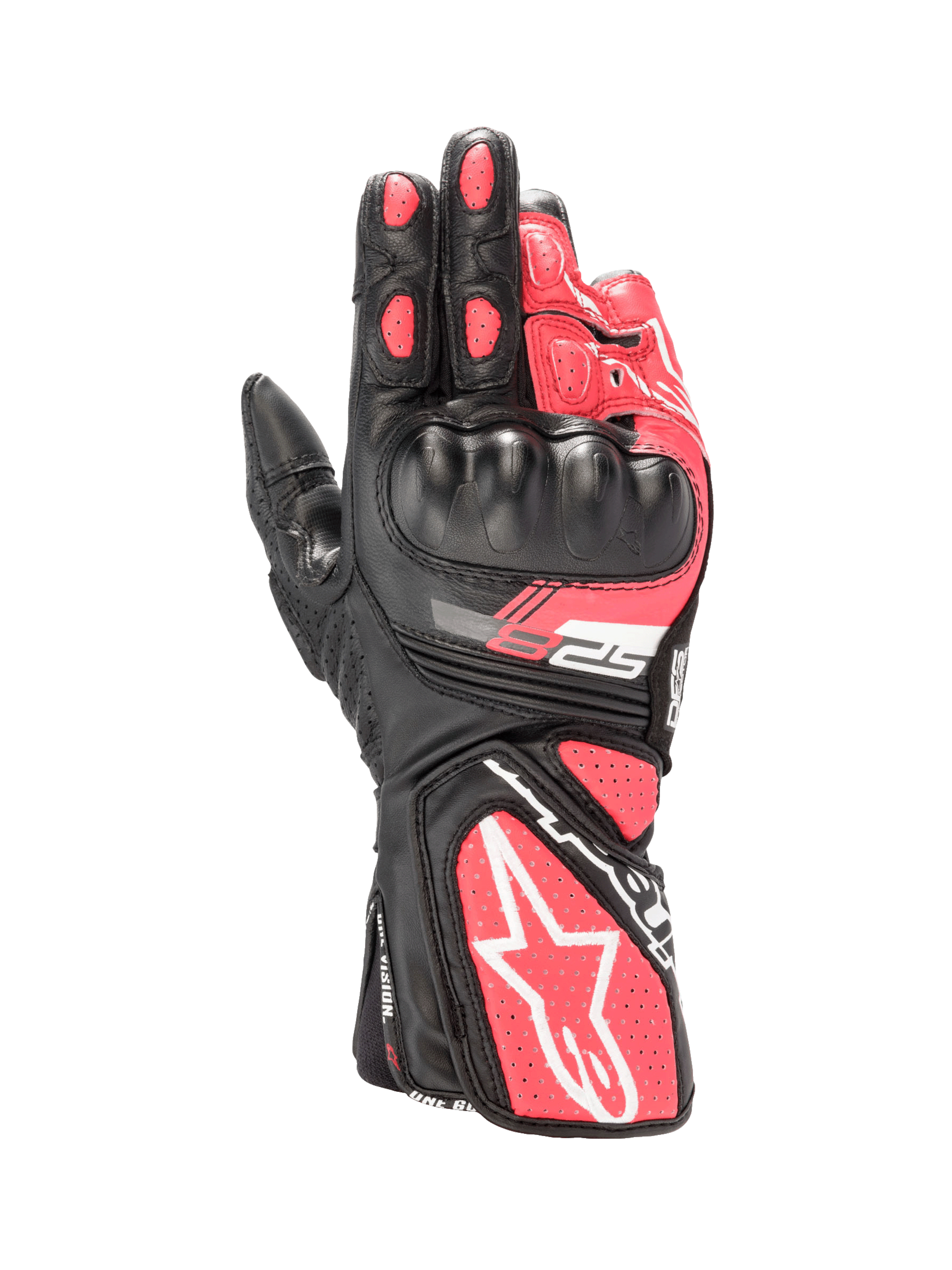 Alpinestars Stella SP-8 V3 dames motorhandschoenen van zwart en roze leer met harde knokkelbescherming.