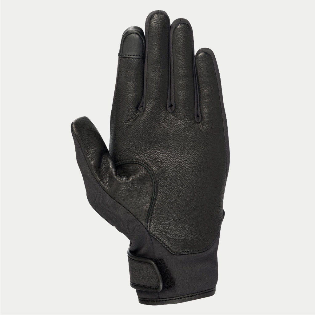 Alpinestars Stella C1 Windstopper V2 dameshandschoenen, zwart, zicht op de handpalm met volnerf lederen verstevigingen en touchscreen-compatibele wijsvingertop, klittenbandsluiting, strak stedelijk ontwerp