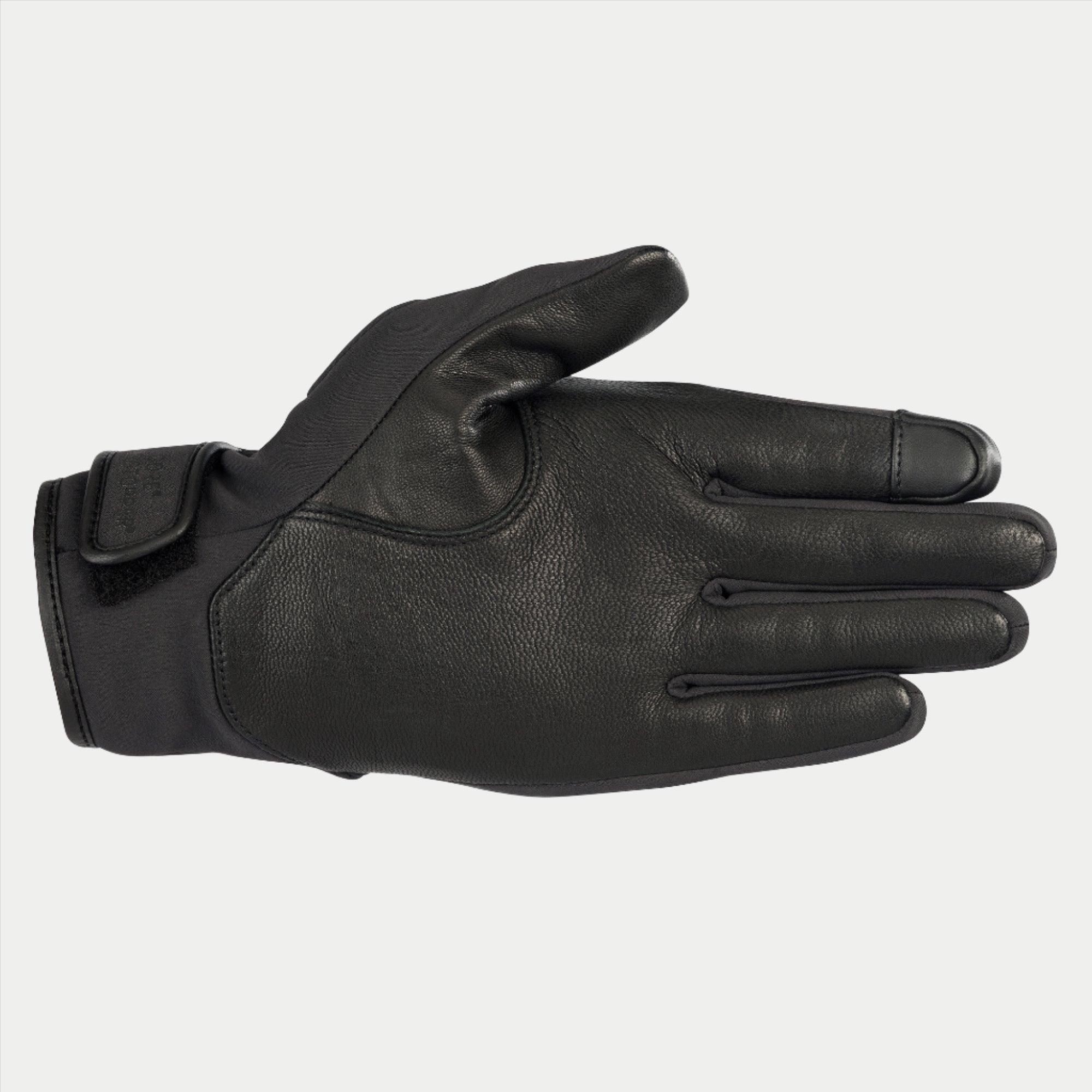 Alpinestars Stella C1 Windstopper V2 dameshandschoenen, zwart, zicht op de handpalm met volnerf lederen verstevigingen en touchscreen-compatibele wijsvingertop, klittenbandsluiting, strak stedelijk ontwerp