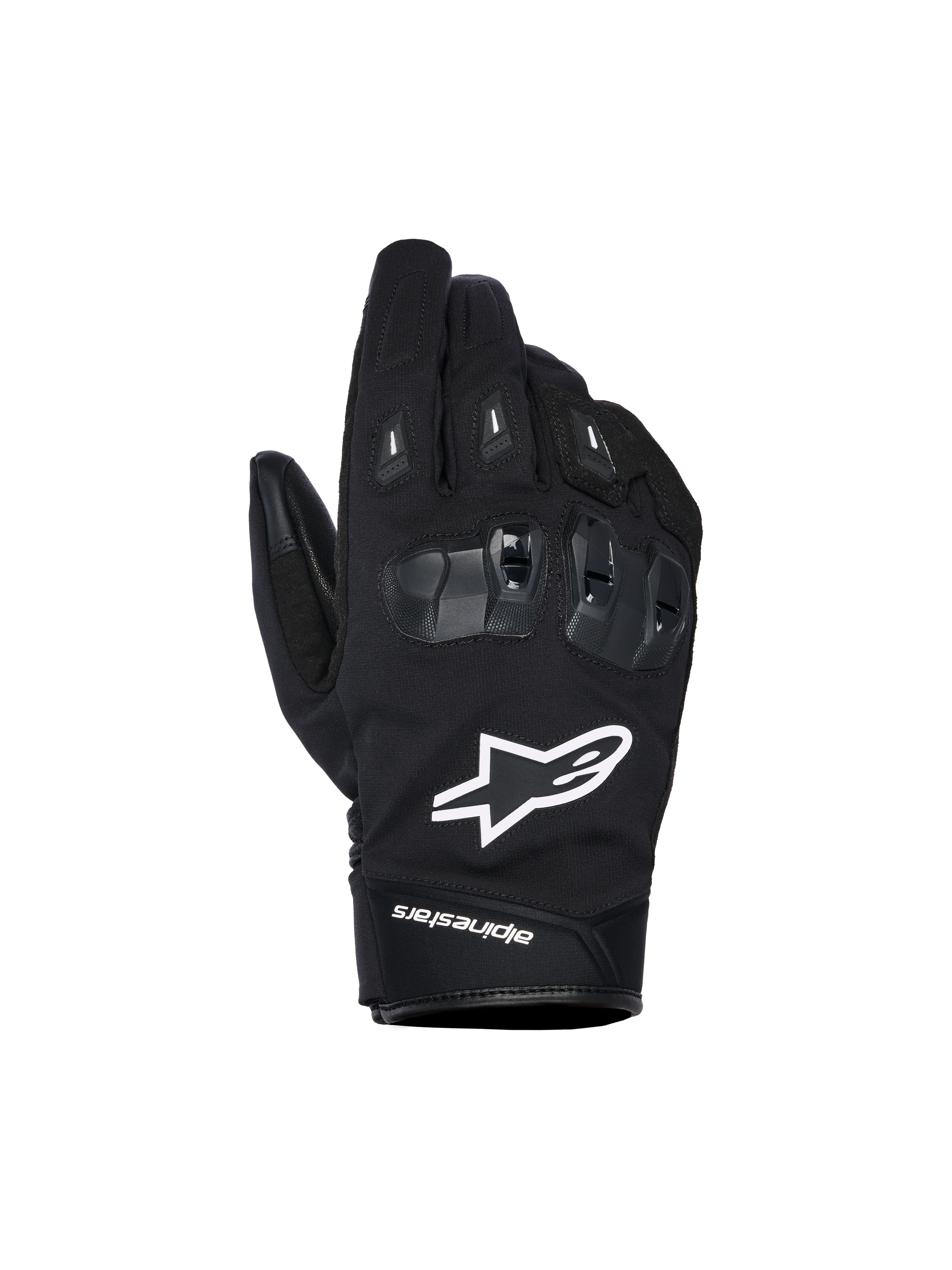 Alpinestars SP X Z wasserdichte Handschuhe, schwarze Motorradhandschuhe mit weißem Stern-Logo, strukturierter SP X TPU-Knöchelschutz mit glänzend schwarzen Segmenten, schlankes Street-Design mit verstärkten Nähten, wasserdichte Konstruktion für Fahrten bei jedem Wetter
