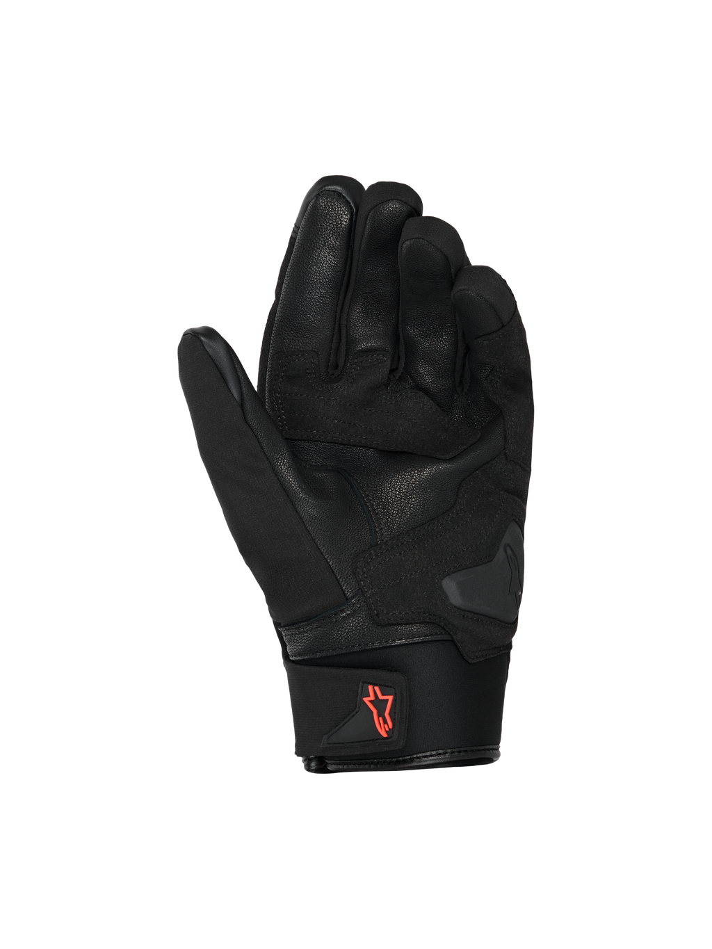 Alpinestars SP X Z Waterproof Gloves, Motorcycle Gloves, Black with Red Fluo logo, palm view showing leather construction and reinforced grip areas, neoprene cuff with pull tab, high-performance street riding gear