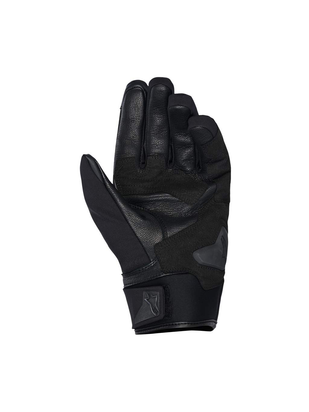 Gants Alpinestars SP X Z Waterproof, vue de la paume, Noir Noir, dotés d'une paume en cuir durable avec sections renforcées, d'une glissière de paume et d'une manchette en néoprène souple avec sangle réglable à logo Alpinestars.