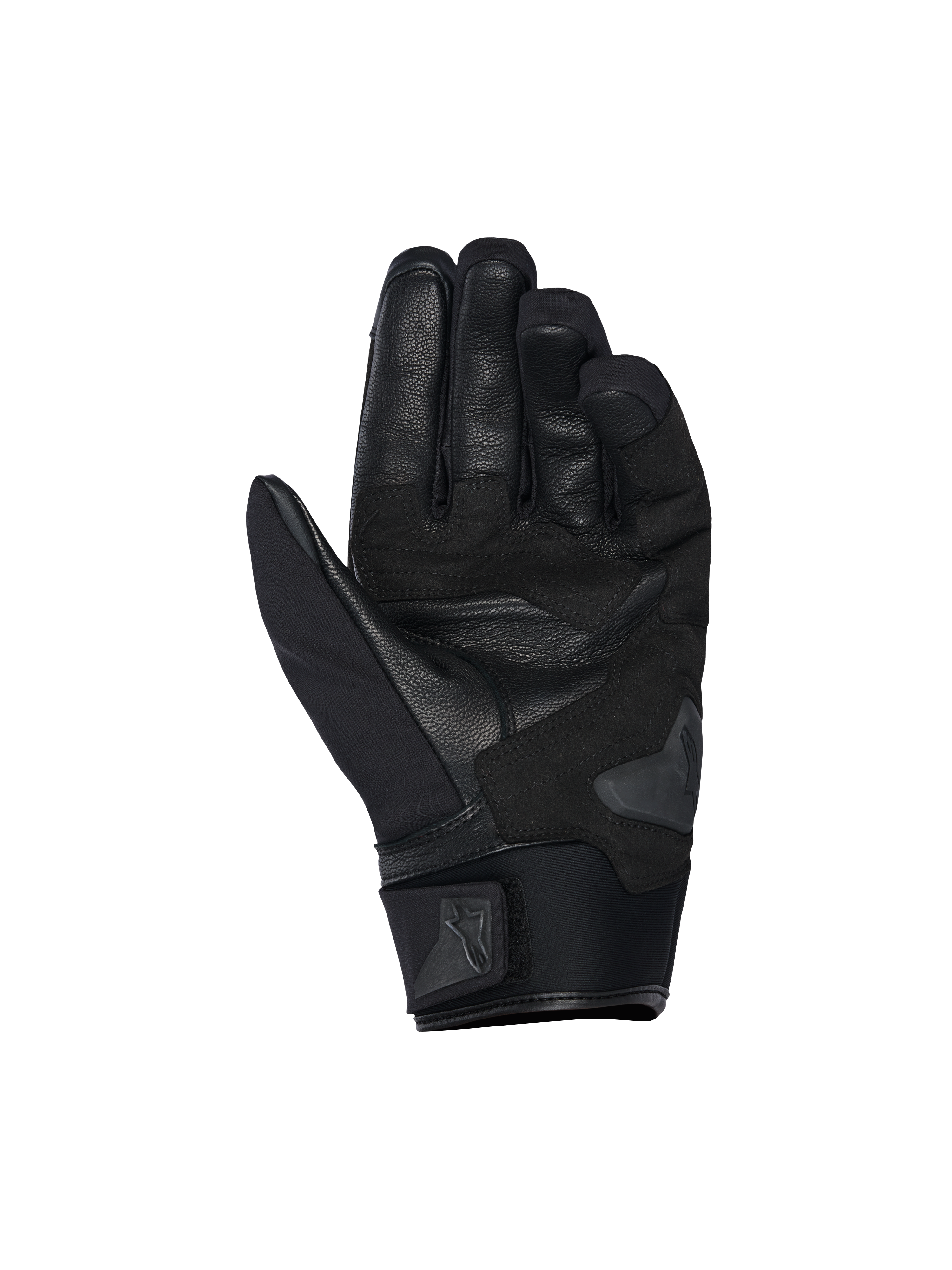 Gants Alpinestars SP X Z Waterproof, vue de la paume, Noir Noir, dotés d'une paume en cuir durable avec sections renforcées, d'une glissière de paume et d'une manchette en néoprène souple avec sangle réglable à logo Alpinestars.