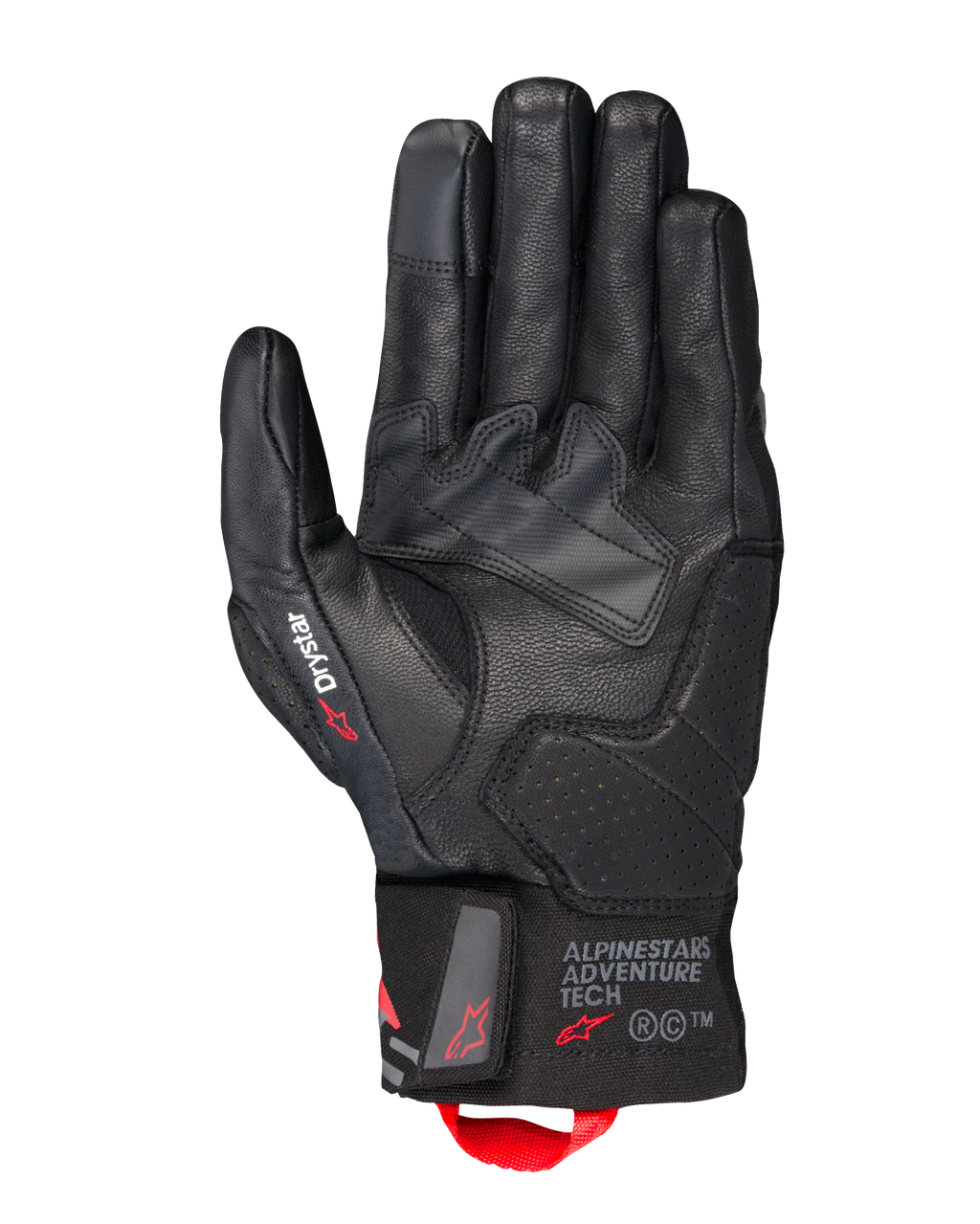 Gants Alpinestars Belize V3 Drystar®, gants de moto touring noirs, vue de la paume présentant une construction en cuir avec des renforts perforés, marquage Drystar sur le pouce, logo Adventure Tech sur la manchette et boucle de tirage rouge.