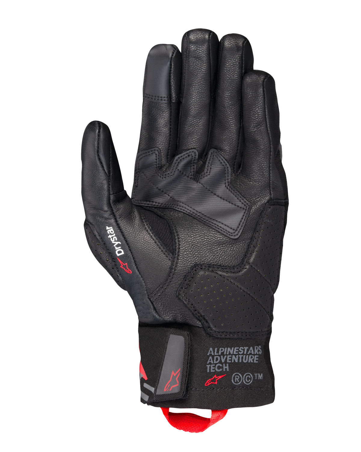 Alpinestars Belize V3 Drystar® handschoenen, zwarte motor tourhandschoenen, palmonderzijde met lederen constructie en geperforeerde verstevigingen, Drystar-branding op de duim, Adventure Tech-logo op de manchet en een rode aantreklus