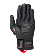 Gants Alpinestars Belize V3 Drystar®, gants de moto touring noirs, vue de la paume présentant une construction en cuir avec des renforts perforés, marquage Drystar sur le pouce, logo Adventure Tech sur la manchette et boucle de tirage rouge.
