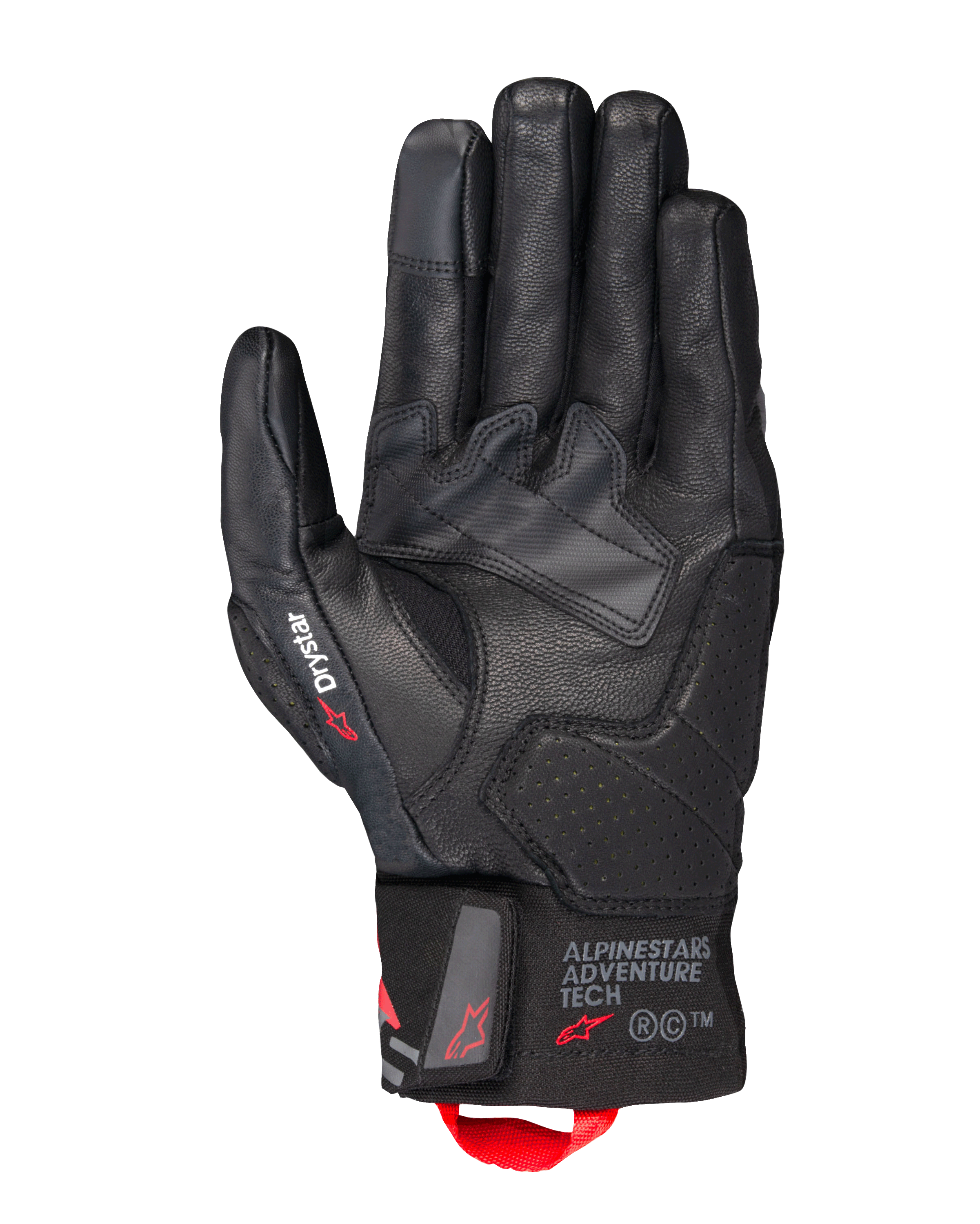 Gants Alpinestars Belize V3 Drystar®, gants de moto touring noirs, vue de la paume présentant une construction en cuir avec des renforts perforés, marquage Drystar sur le pouce, logo Adventure Tech sur la manchette et boucle de tirage rouge.
