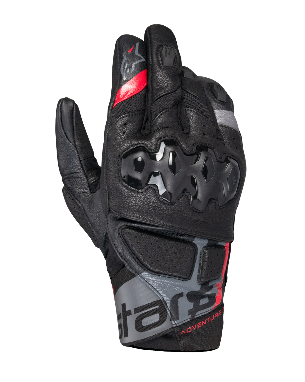 Gants Alpinestars Belize V3 Drystar, gants de moto adventure à manchette courte, noirs avec des détails rouges et gris, dotés d'une protection de jointures rigide à motif hexagonal, de panneaux en cuir perforé et du marquage « ADVENTURE » au poignet.