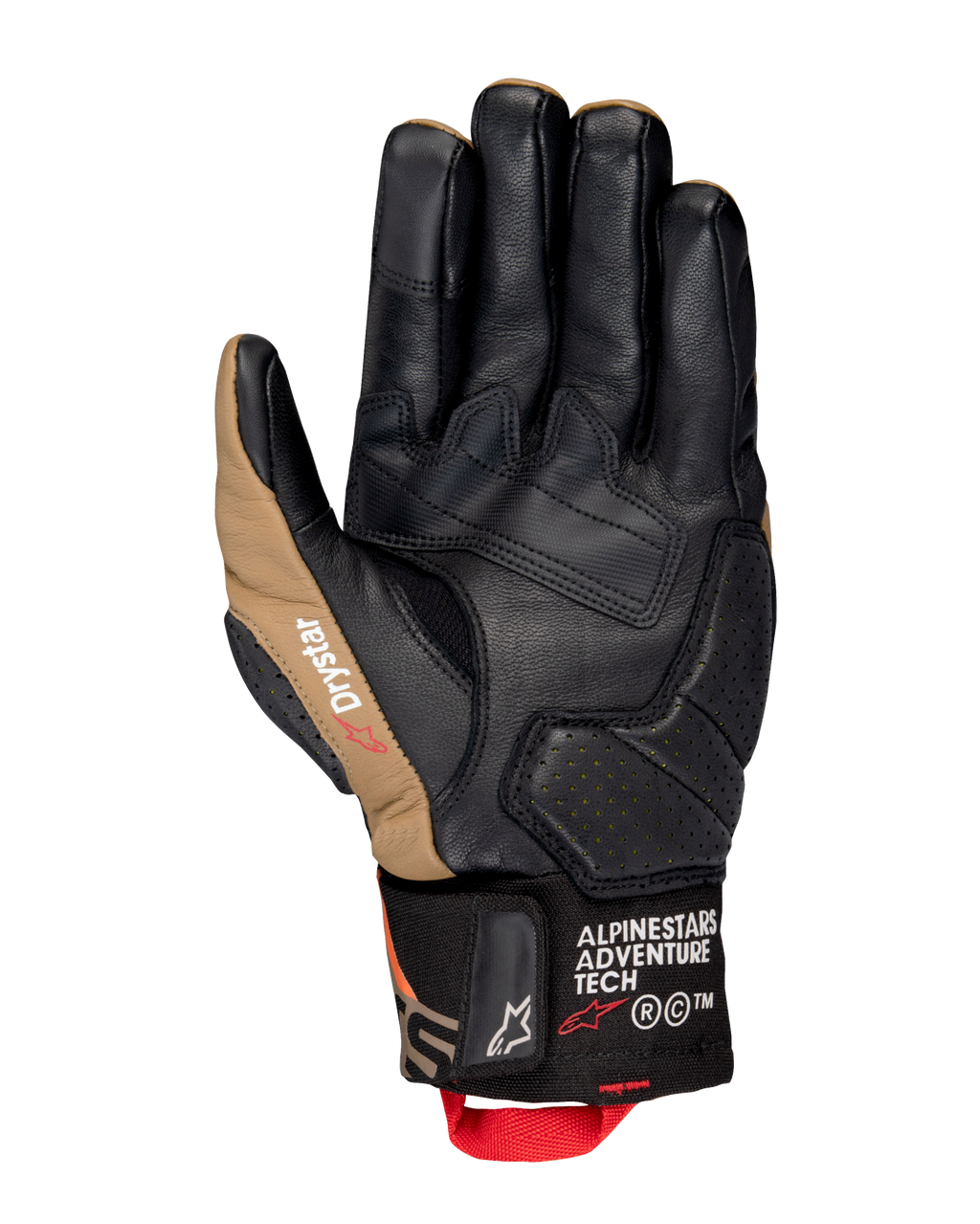 Gants Alpinestars Belize V3 Drystar®, vue de la paume d'un gant de moto à manchette courte en Noir et Gobi Brown, construction en cuir avec paume renforcée, détails perforés et tirette rouge.