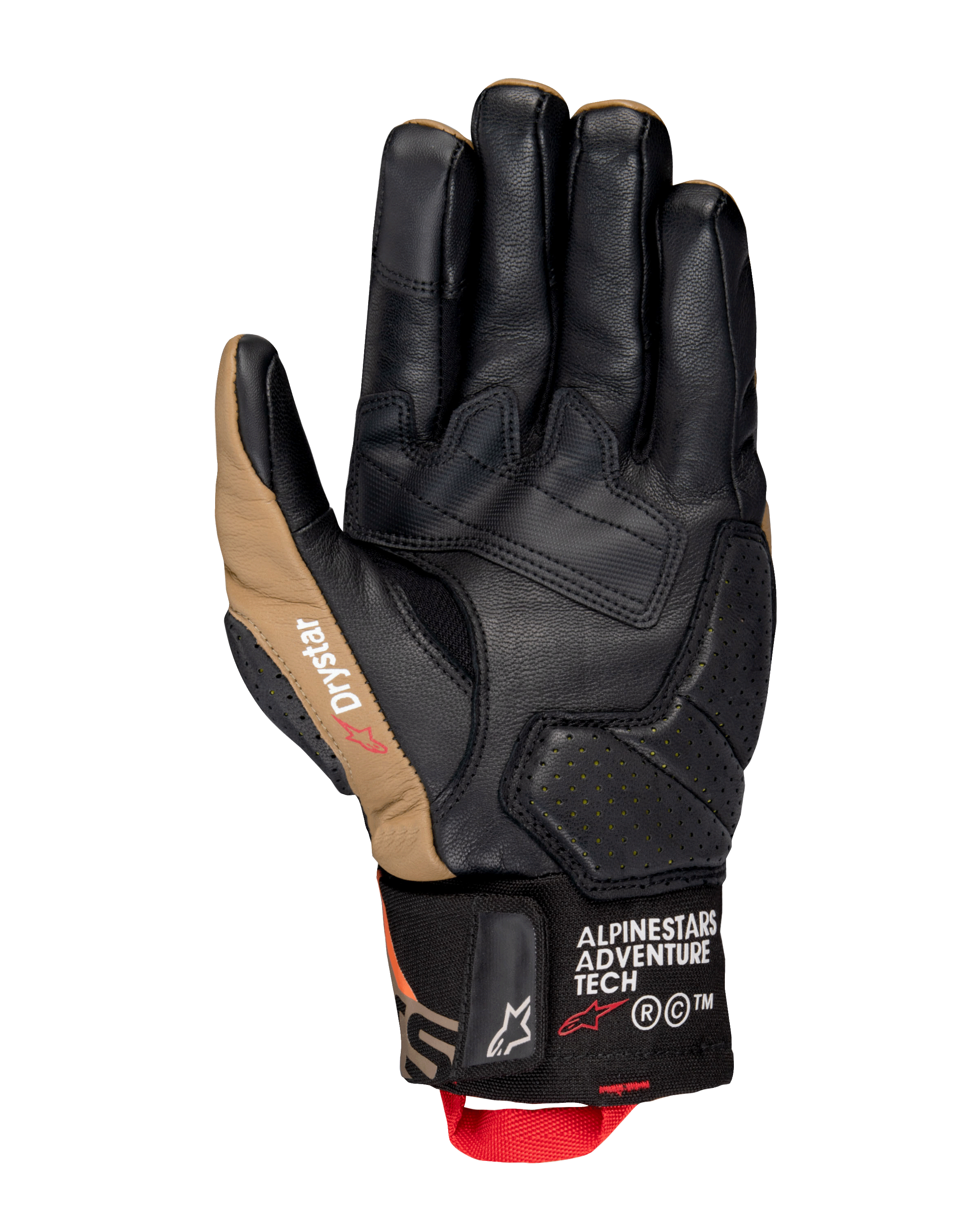 Gants Alpinestars Belize V3 Drystar®, vue de la paume d'un gant de moto à manchette courte en Noir et Gobi Brown, construction en cuir avec paume renforcée, détails perforés et tirette rouge.