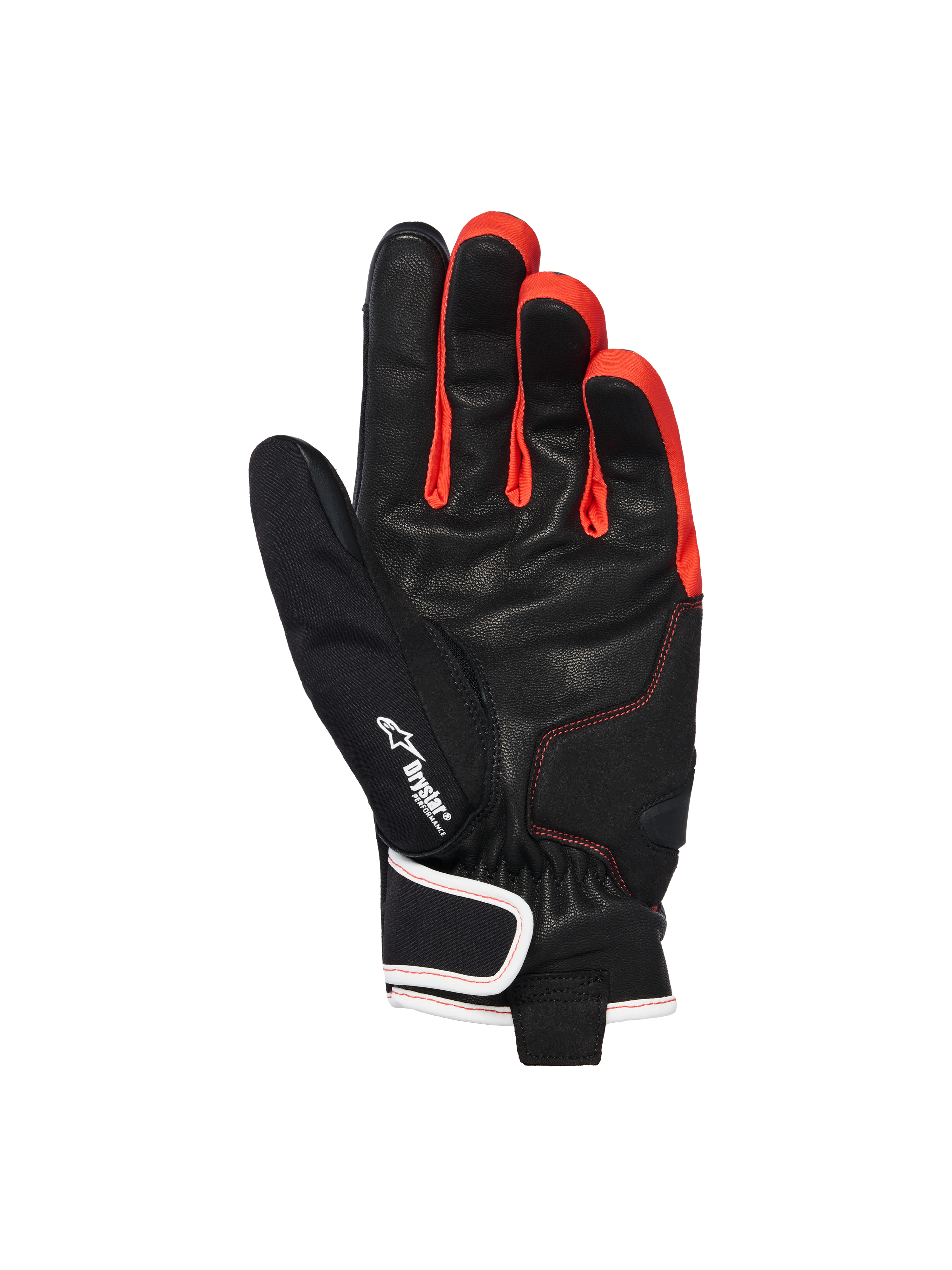 Alpinestars Moblast Waterproof handschoenen, Zwart Antraciet Oranje, palmaanzicht met geitenlederen constructie, voorzien van Drystar-logo, levendige oranje accenten tussen de vingers, kort manchetontwerp met wit afgewerkte polssluiting
