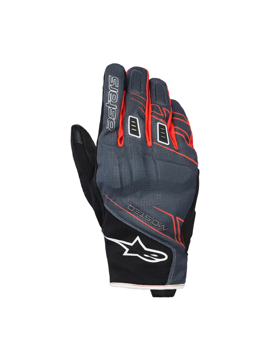 Alpinestars Moblast waterdichte handschoenen, motorhandschoenen, antraciet en zwart met oranje accenten, kort manchetontwerp met roodoranje lineaire graphics, wit Alpinestars sterlogo op het manchet en 'astars' branding op de vinger, technische textiel rugzijde voor bescherming in alle weersomstandigheden