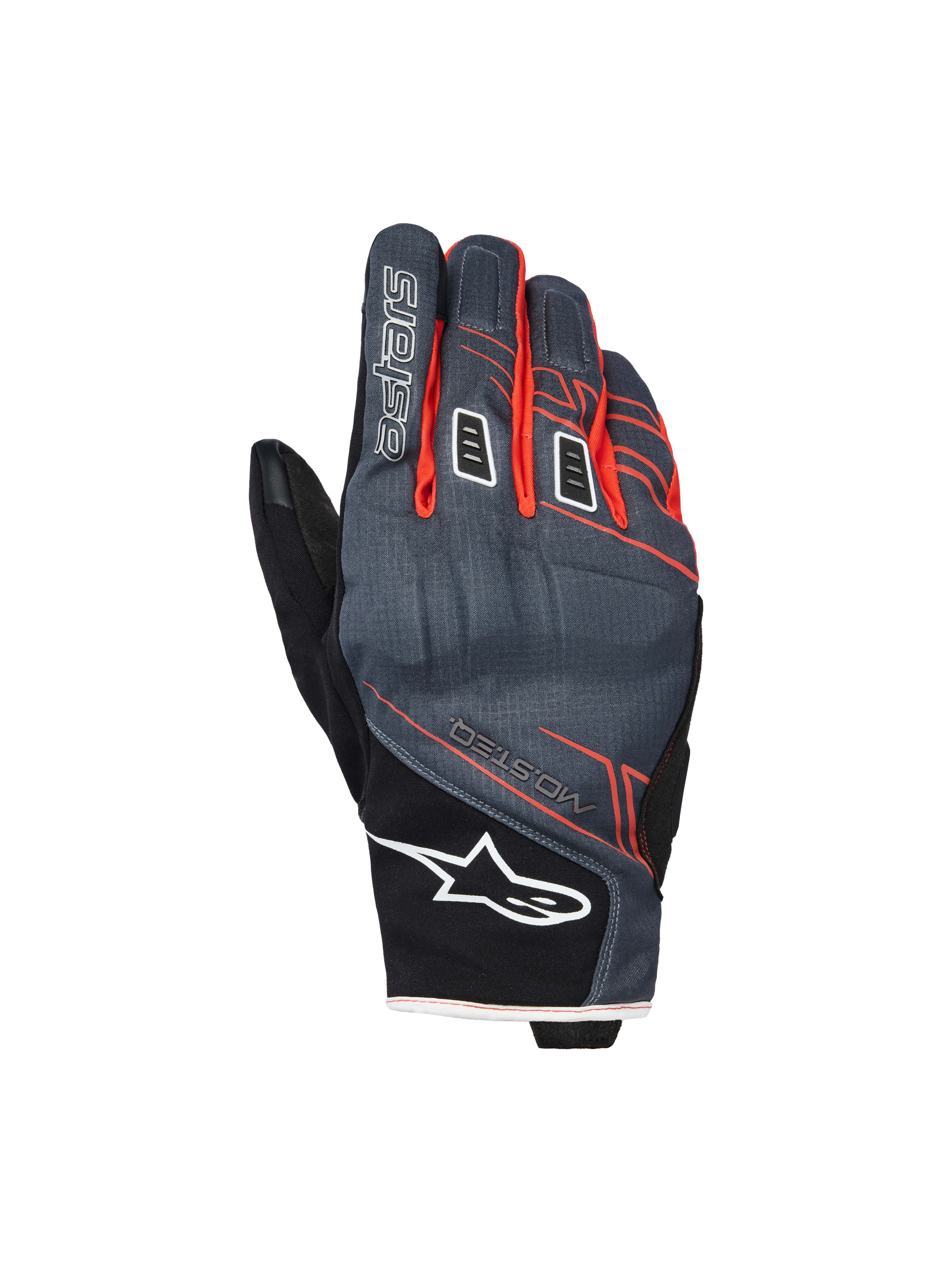 Alpinestars Moblast waterdichte handschoenen, motorhandschoenen, antraciet en zwart met oranje accenten, kort manchetontwerp met roodoranje lineaire graphics, wit Alpinestars sterlogo op het manchet en 'astars' branding op de vinger, technische textiel rugzijde voor bescherming in alle weersomstandigheden