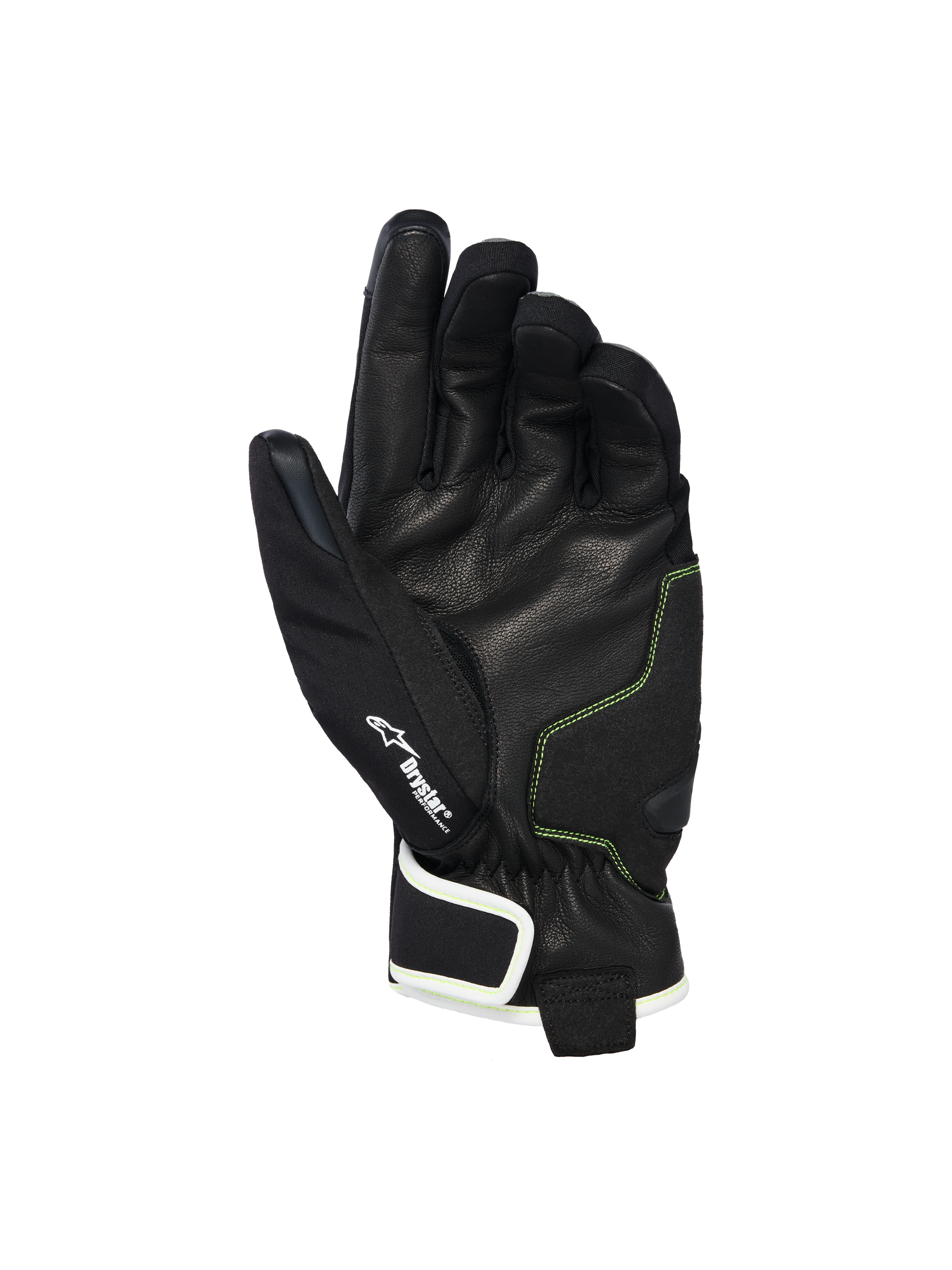Alpinestars Moblast Waterproof Gloves, handpalmzicht in zwart geitenleer met Sulphur Yellow stiksels, Drystar®-logo detail, motorhandschoenen met korte manchet voor stadsritten in alle weersomstandigheden