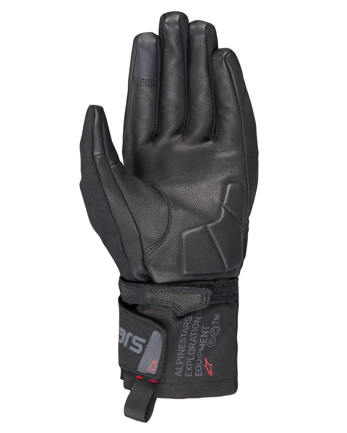 Alpinestars WT-3 Drystar® geïsoleerde handschoenen, zwarte motorhandschoenen, aanzicht van de handpalm met leren versteviging en gewatteerde palm, middellange manchet met Alpinestars Exploration Equipment-branding, touchscreen-compatibele vingertoppen, duurzame touring-bescherming voor alle weersomstandigheden.