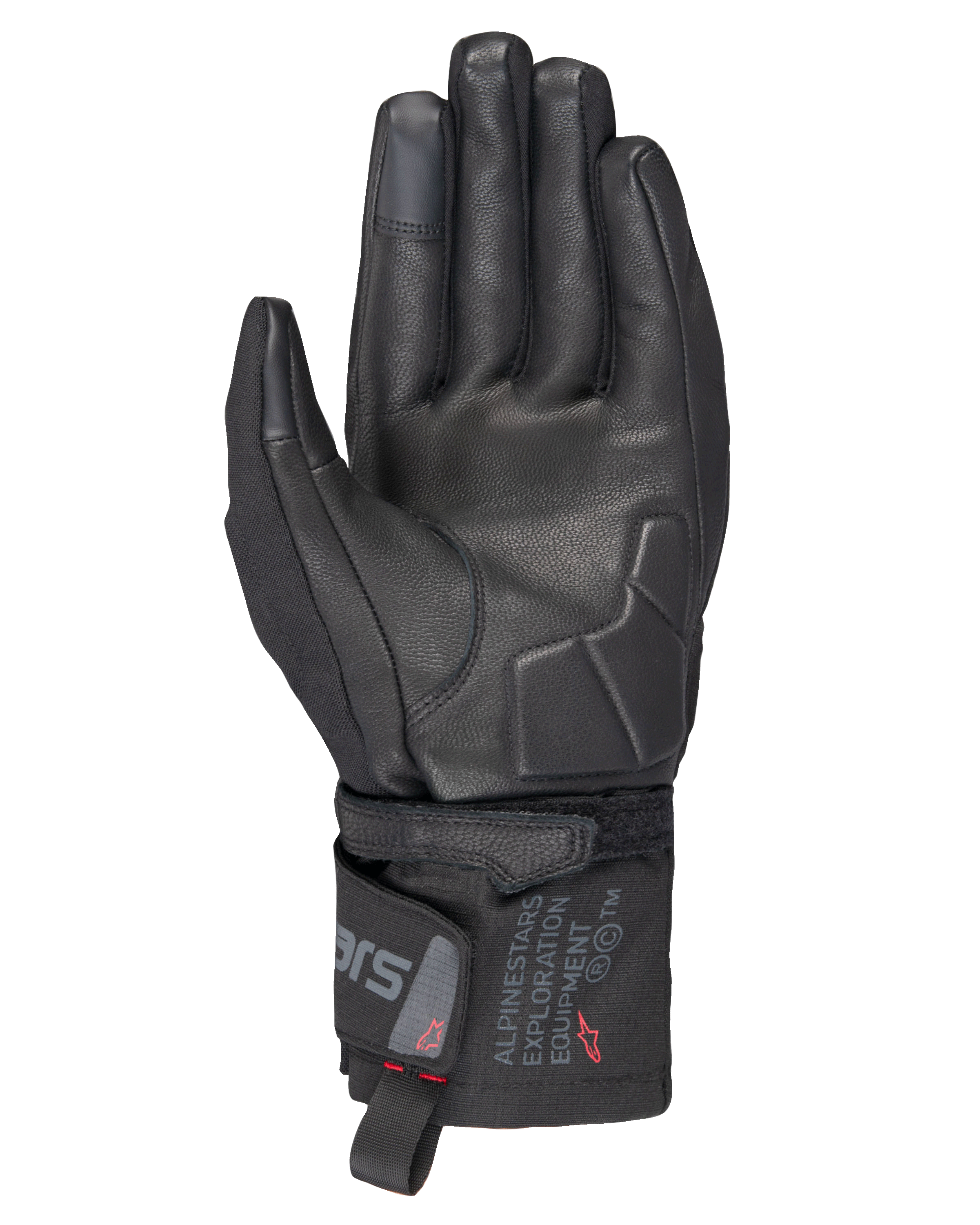 Alpinestars WT-3 Drystar® geïsoleerde handschoenen, zwarte motorhandschoenen, aanzicht van de handpalm met leren versteviging en gewatteerde palm, middellange manchet met Alpinestars Exploration Equipment-branding, touchscreen-compatibele vingertoppen, duurzame touring-bescherming voor alle weersomstandigheden.