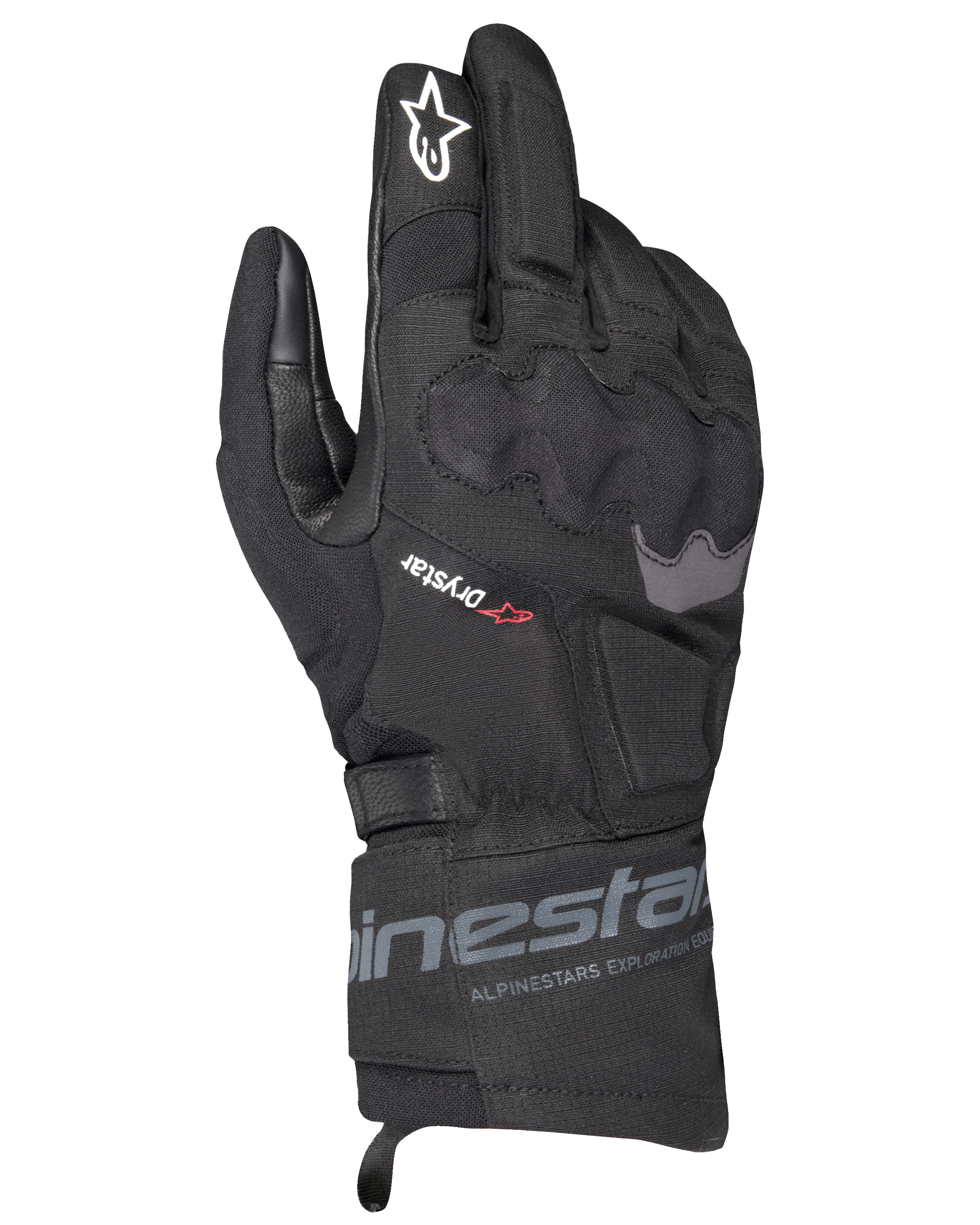 Alpinestars WT-3 Drystar isolierte Handschuhe, schwarze Motorrad-Tourenhandschuhe, wasserdichte und isolierte Konstruktion mit geformtem Knöchelschutz, weißes Stern-Logo auf dem Zeigefinger und mittellange Stulpe mit Alpinestars-Branding.