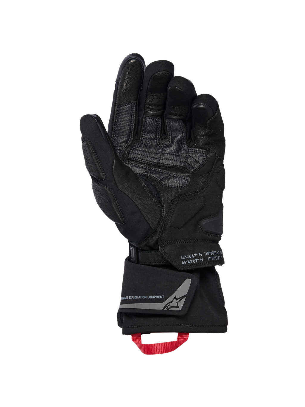 Gants isolés Alpinestars WT-8 GORE-TEX, gants de moto, noirs, vue de la paume intérieure montrant des empiècements en cuir renforcé et des protections rembourrées, manchette longue avec boucle de tirage rouge et marquage Alpinestars Exploration Equipment avec coordonnées géographiques, design technique pour la route et l'aventure