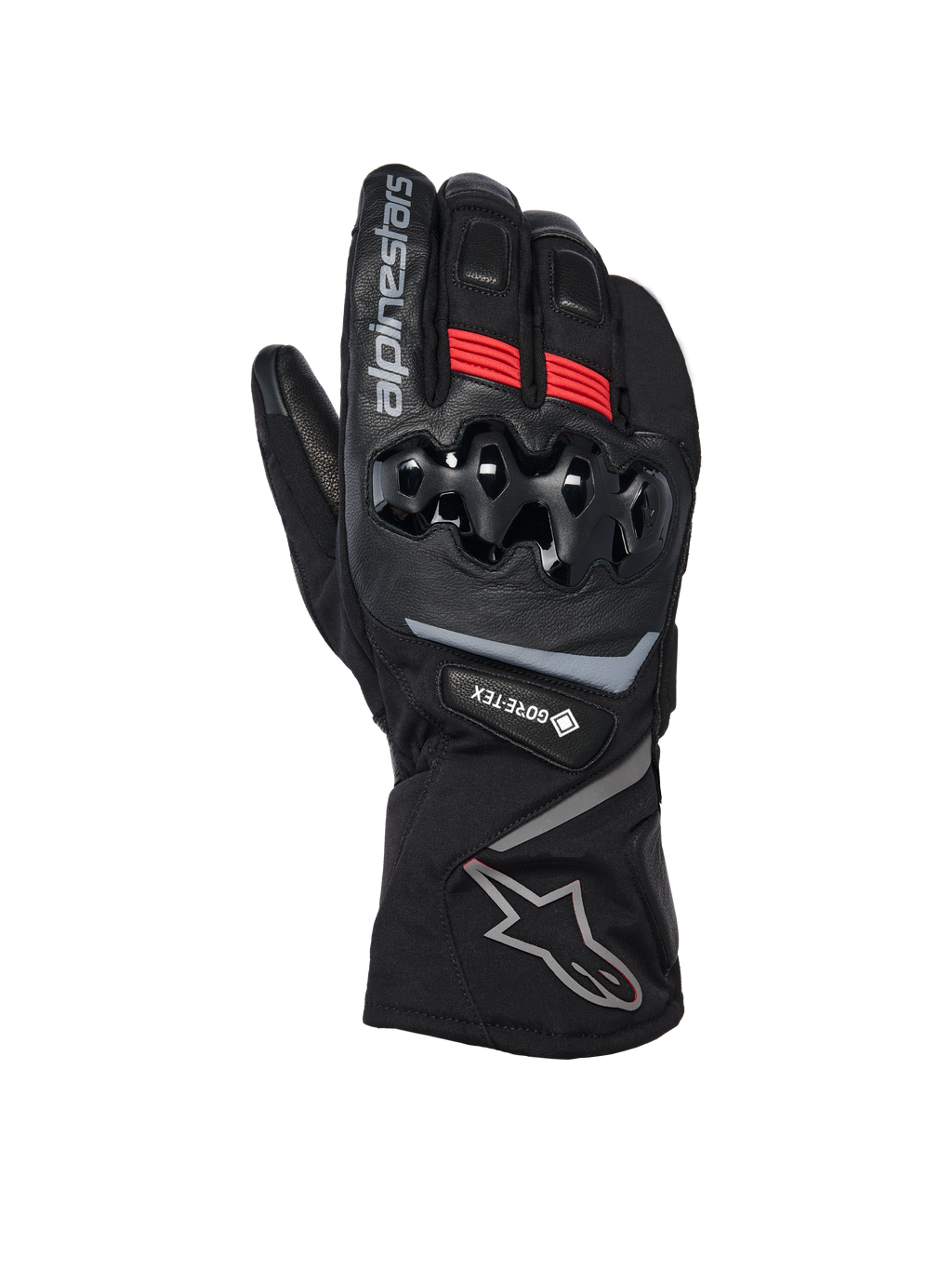 Gants Alpinestars WT-8 GORE-TEX Insulated, gants de moto d'hiver, noirs avec accents rouges et logos argentés, dotés d'une protection des articulations en TPU rigide, d'une manchette longue et de l'imperméabilité GORE-TEX pour la conduite par temps froid