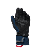 Gants isolés Alpinestars WT-8 GORE-TEX, noir et bleu foncé, vue de la paume montrant les renforts en cuir et le curseur rembourré, manchette longue avec double fermeture au poignet et boucle de tirage rouge, détails de coordonnées et marquage exploration equipment