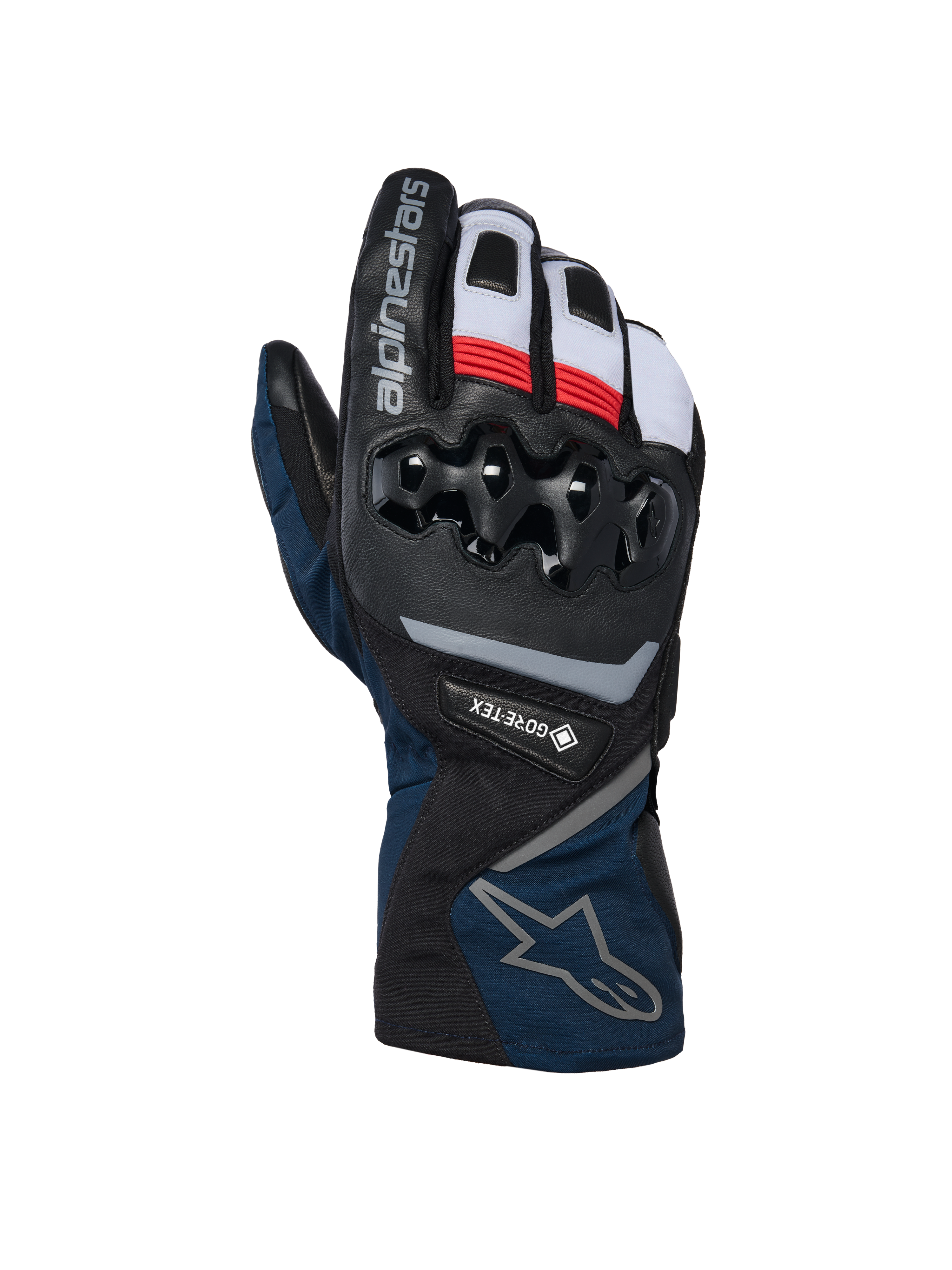Alpinestars WT-8 GORE-TEX Insulated Gloves, Motorrad-Winterhandschuhe, Schwarz und Dunkelblau mit roten und weißen Akzenten, harter TPU-Knöchelschutz, GORE-TEX Branding, langes Stulpendesign