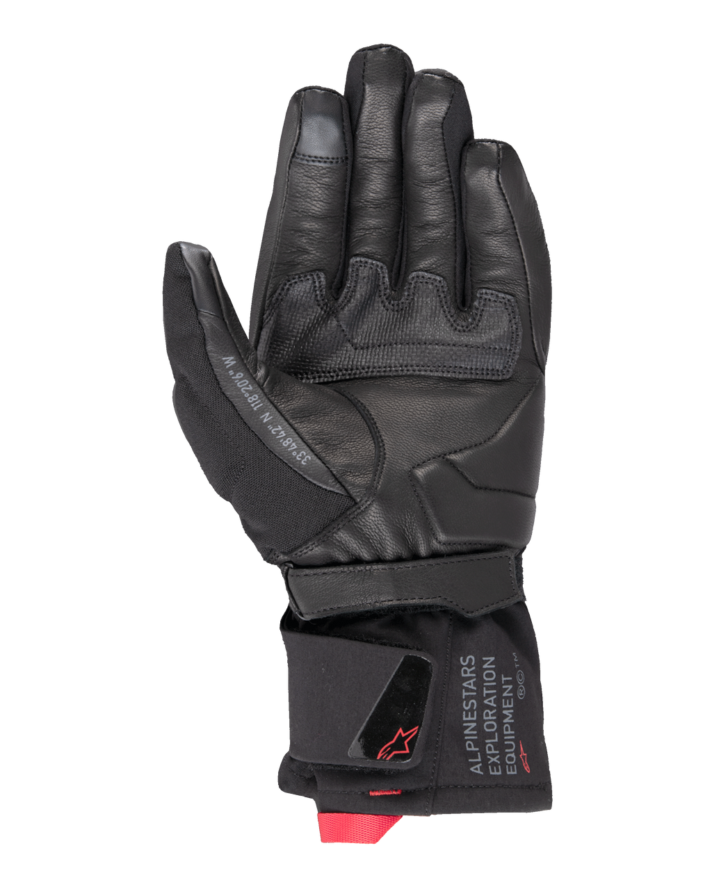 Alpinestars WT-4 GORE-TEX geïsoleerde handschoen, motorhandschoen, zwart, palmaanzicht met lederen constructie en een rubberen grippaneel, halflange manchet met Alpinestars Exploration Equipment-branding en rode logo-accenten