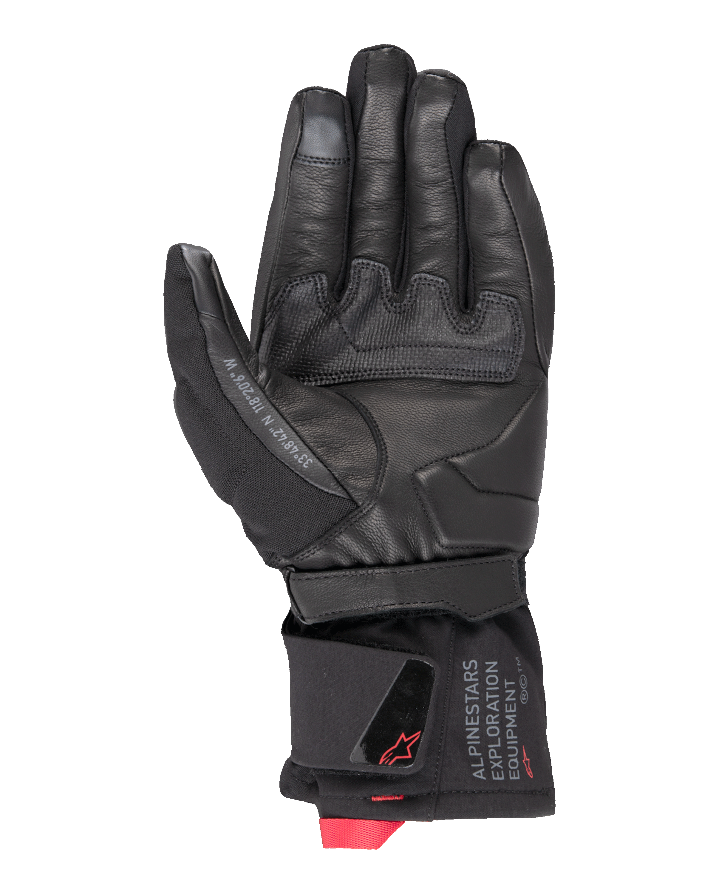 Alpinestars WT-4 GORE-TEX geïsoleerde handschoen, motorhandschoen, zwart, palmaanzicht met lederen constructie en een rubberen grippaneel, halflange manchet met Alpinestars Exploration Equipment-branding en rode logo-accenten