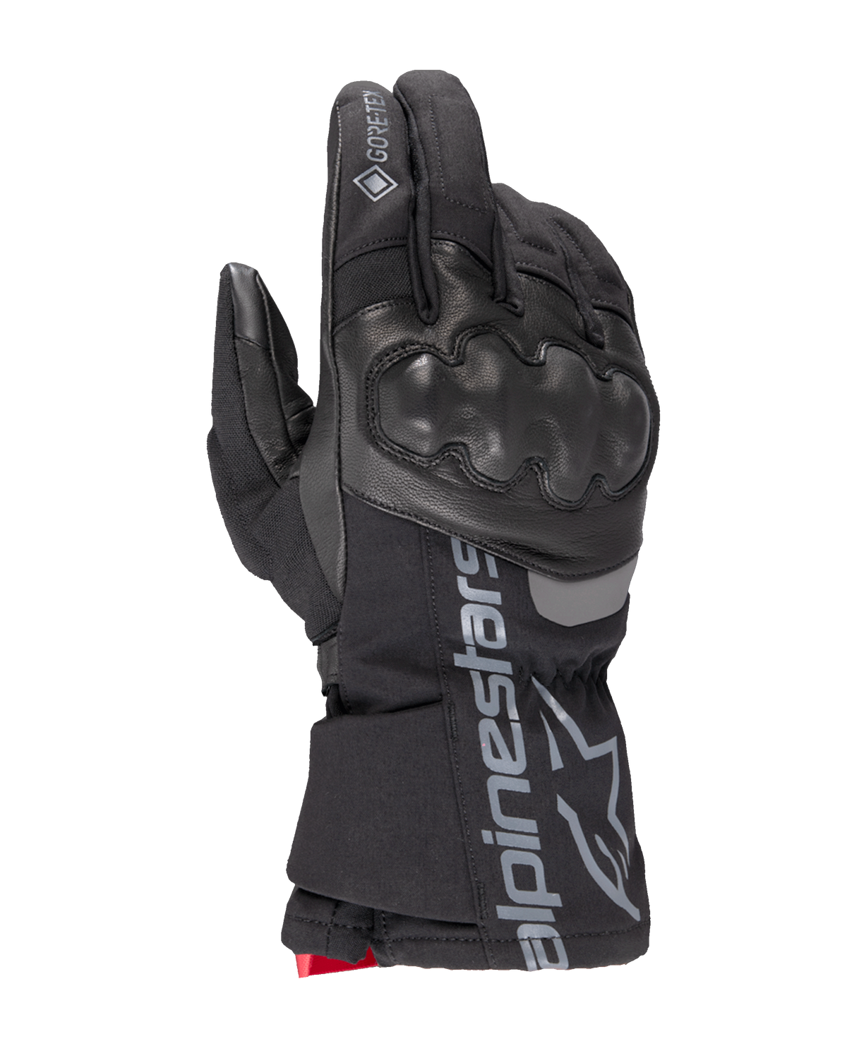 Alpinestars WT-4 Gore-Tex Insulated Glove, Black Motorcycle Glove, Hard Knuckle Protection, Leather and Textile Construction, GORE-TEX Waterproof Technology, Silver Alpinestars Logo and Wordmark on Cuff, Red Accent at Wrist, Winter Riding Glove