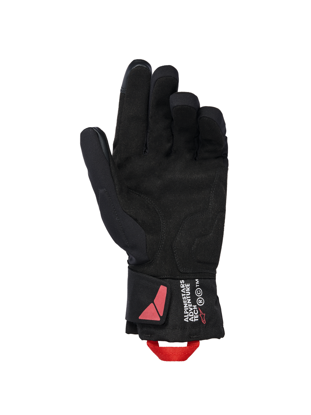 Gants isolés Alpinestars XT-3 Drystar®, gants de moto noirs, vue du côté de la paume en daim avec boucle de traction rouge, marquage Alpinestars Adventure Tech sur la manchette, équipement de conduite hivernal imperméable