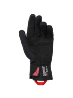 Gants isolés Alpinestars XT-3 Drystar®, gants de moto noirs, vue du côté de la paume en daim avec boucle de traction rouge, marquage Alpinestars Adventure Tech sur la manchette, équipement de conduite hivernal imperméable