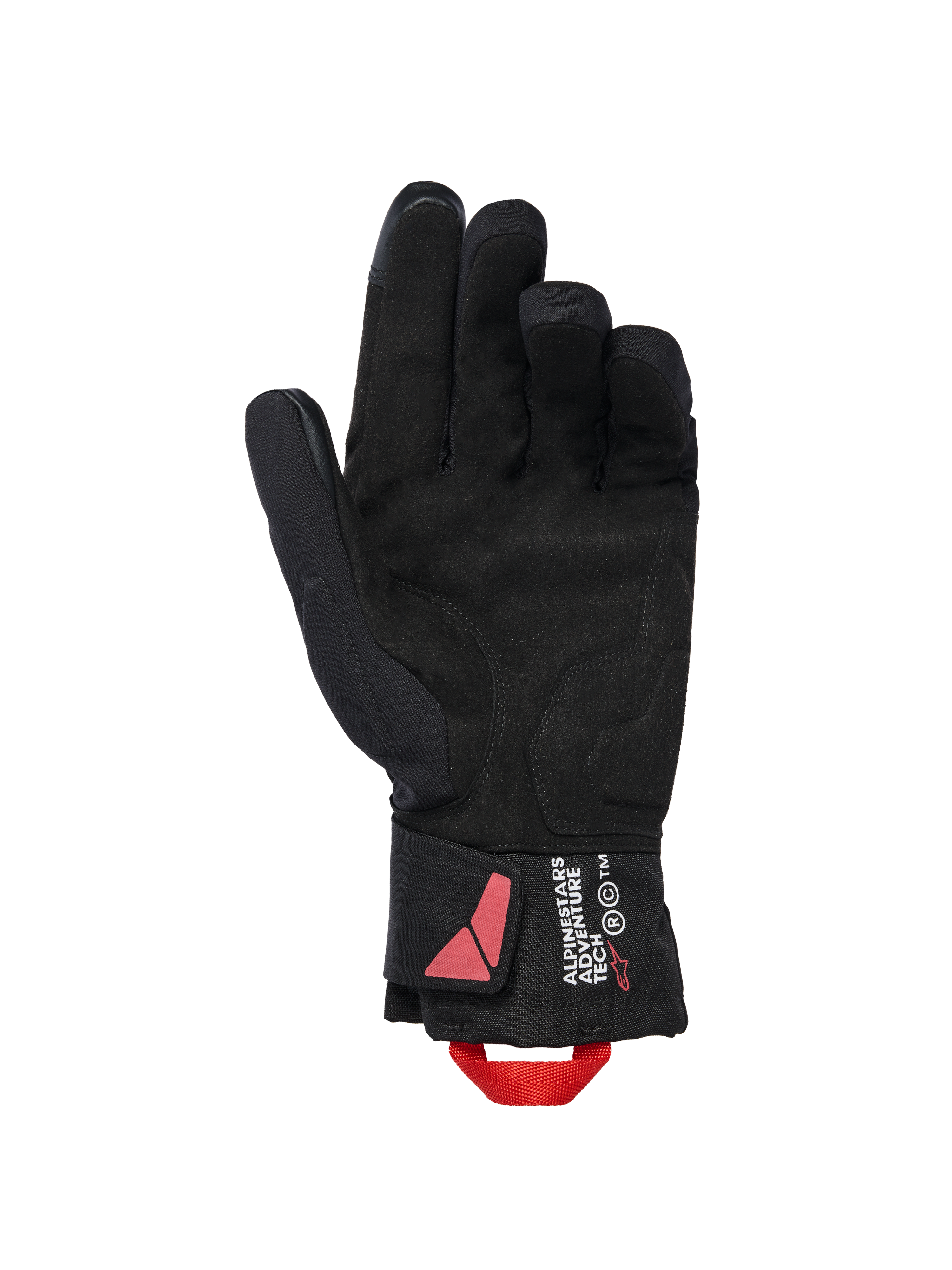 Gants isolés Alpinestars XT-3 Drystar®, gants de moto noirs, vue du côté de la paume en daim avec boucle de traction rouge, marquage Alpinestars Adventure Tech sur la manchette, équipement de conduite hivernal imperméable