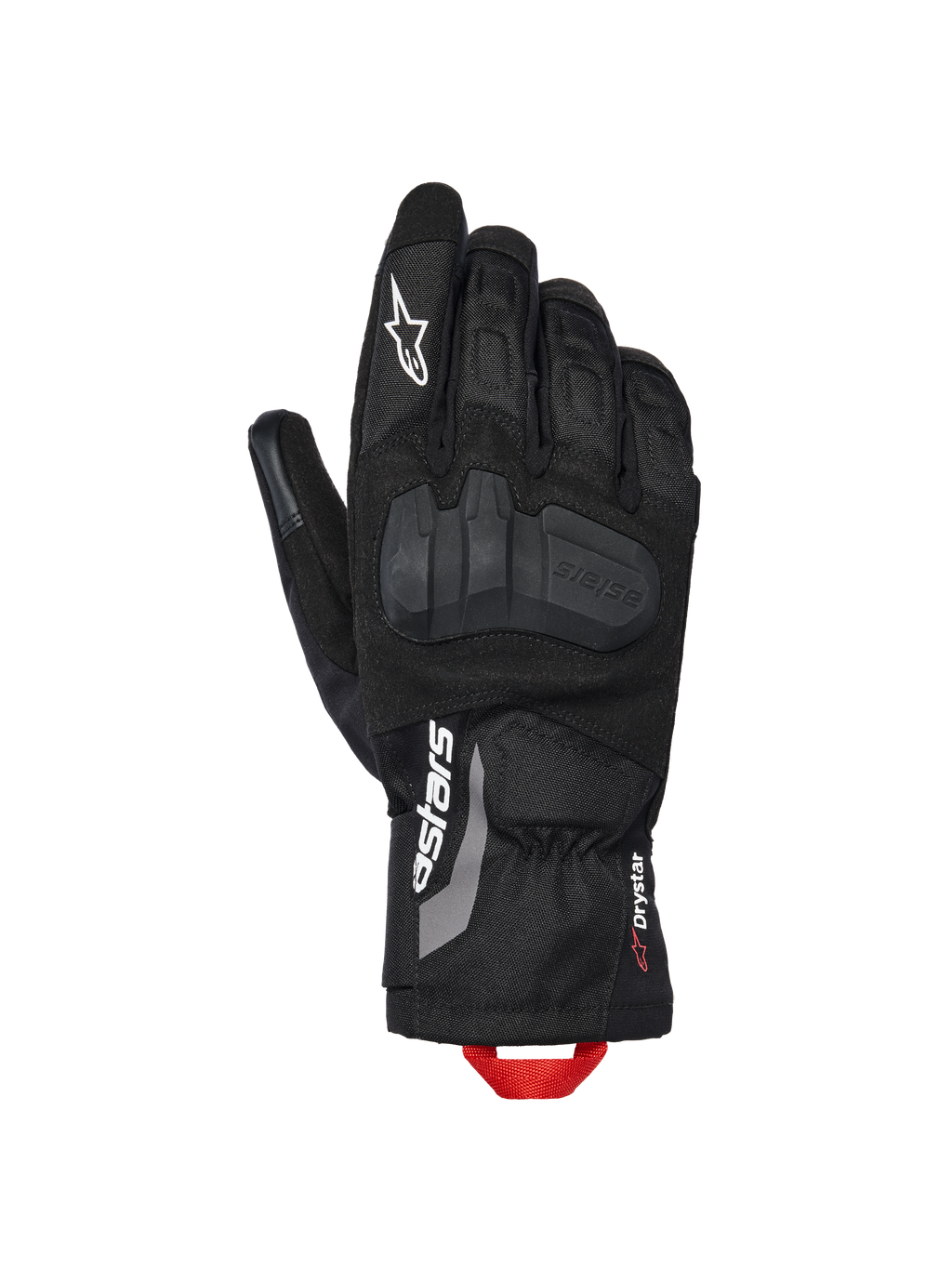 Gants isolants Alpinestars XT-3 Drystar®, gants de moto d'aventure, noirs avec logo blanc et boucle de tirage rouge, dotés d'une protection intégrée des articulations, construction en textile et daim, manchette mi-longue.