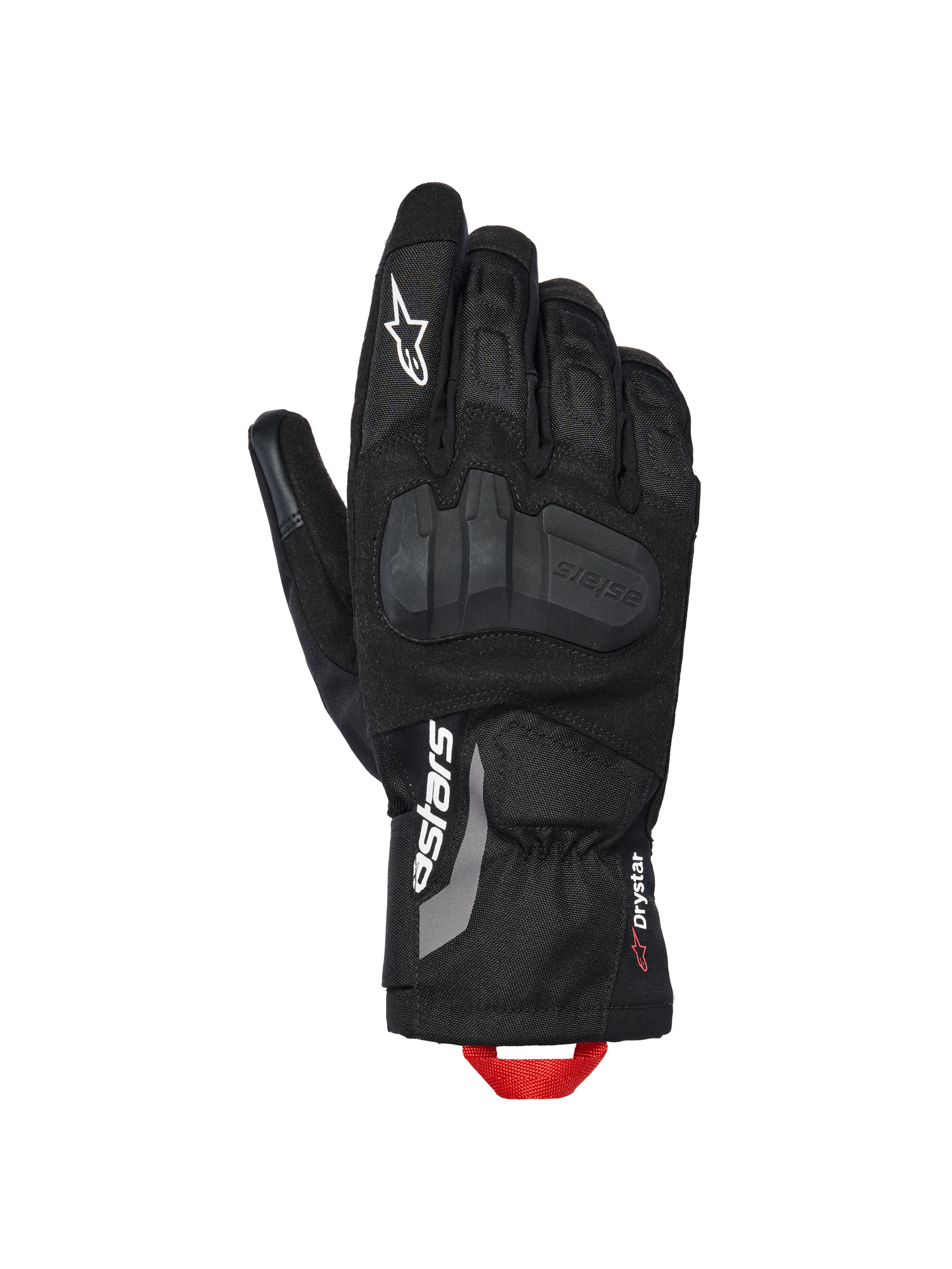 Gants isolants Alpinestars XT-3 Drystar®, gants de moto d'aventure, noirs avec logo blanc et boucle de tirage rouge, dotés d'une protection intégrée des articulations, construction en textile et daim, manchette mi-longue.