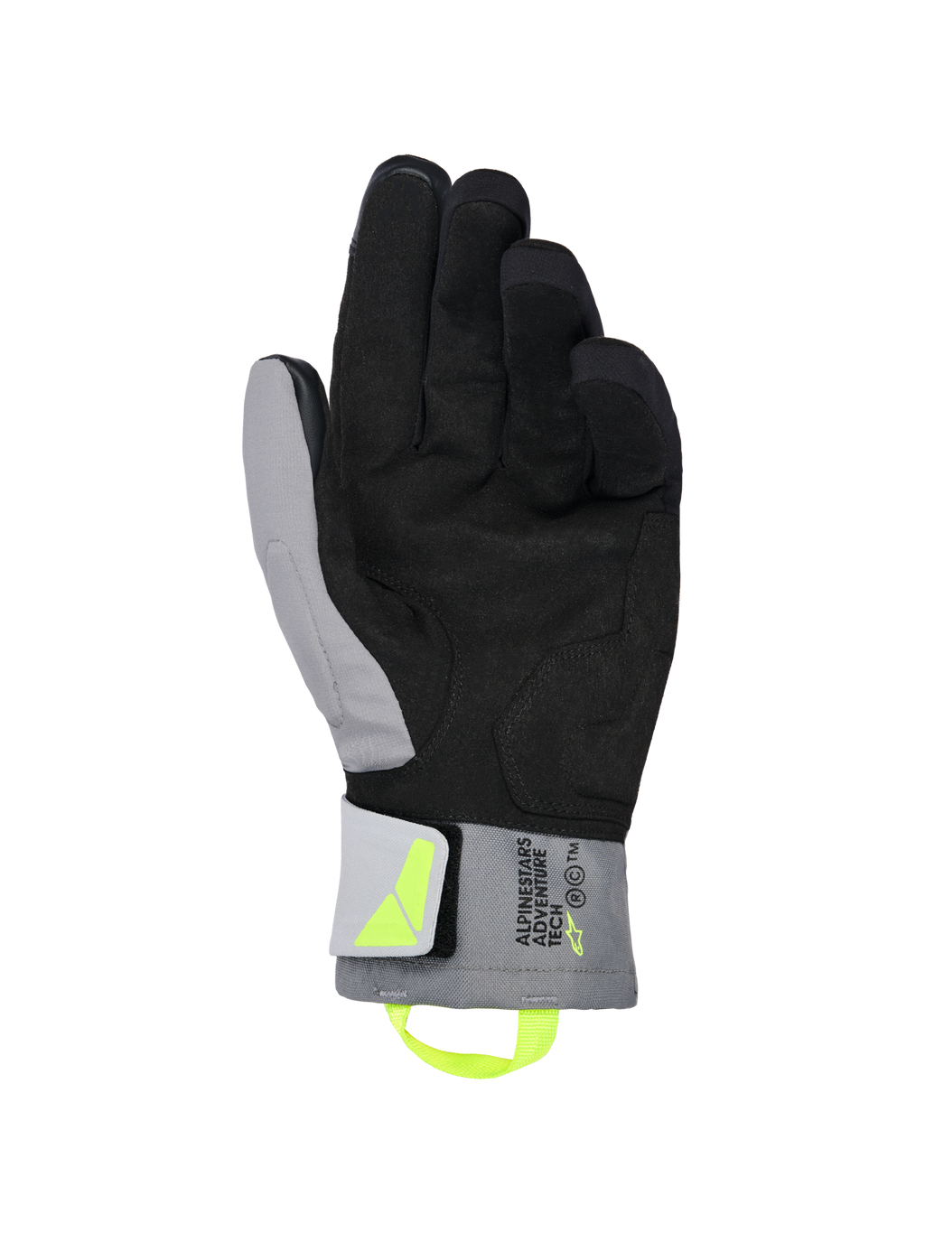 Gants Alpinestars XT-3 Drystar® Thermiques, gants de moto noir et gris foncé, vue de la paume montrant du daim noir souple et du textile gris, tirette et logo jaune fluorescent, marquage « ALPINESTARS ADVENTURE TECH » sur la manchette, imperméables et isolés pour la conduite d'aventure