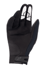 Alpinestars Thermo Shielder handschoenen, zwarte motorcross handschoenen, binnenzijde handpalm toont synthetisch suède constructie, geperforeerde verstevigingsstukken, witte siliconen grippatronen op de vingers en een stevige polssluiting met logo.