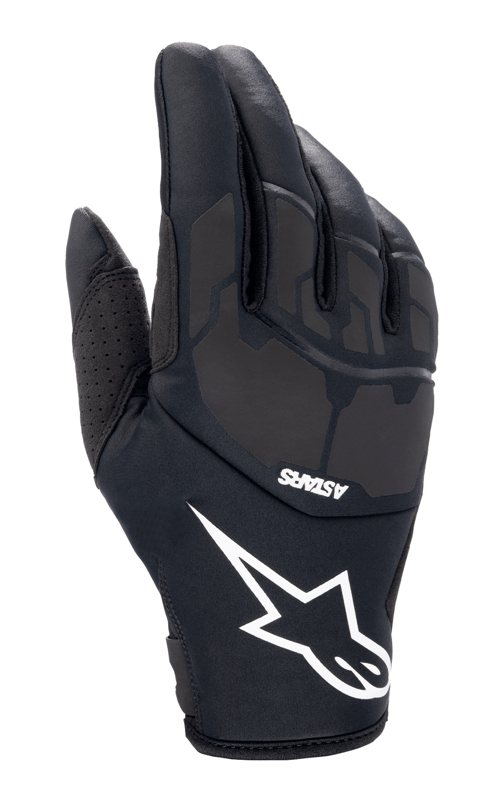 Alpinestars Thermo Shielder handschoenen, zwarte motorcrosshandschoenen, voorzien van een groot wit sterlogo en ASTARS-branding, gewatteerde rugzijde met laser-gelamineerde details, neopreen constructie voor koud weer, geperforeerde duimventilatie