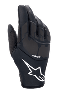 Alpinestars Thermo Shielder handschoenen, zwarte motorcrosshandschoenen, voorzien van een groot wit sterlogo en ASTARS-branding, gewatteerde rugzijde met laser-gelamineerde details, neopreen constructie voor koud weer, geperforeerde duimventilatie